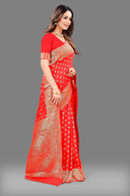 Designer Red Banarasi Saree with Intricate Golden Work – Bridal & Party Wear