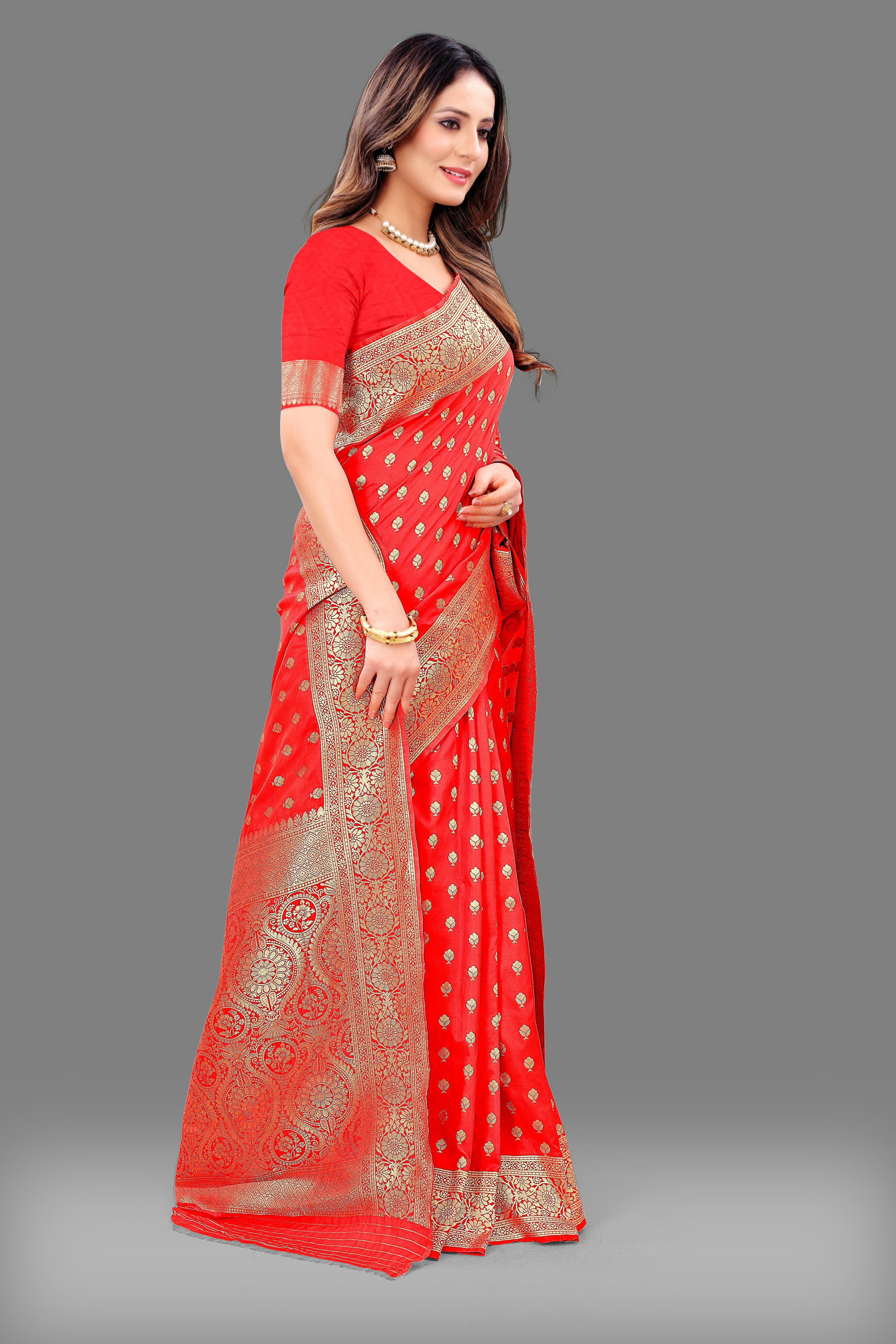 Designer Red Banarasi Saree with Intricate Golden Work – Bridal & Party Wear