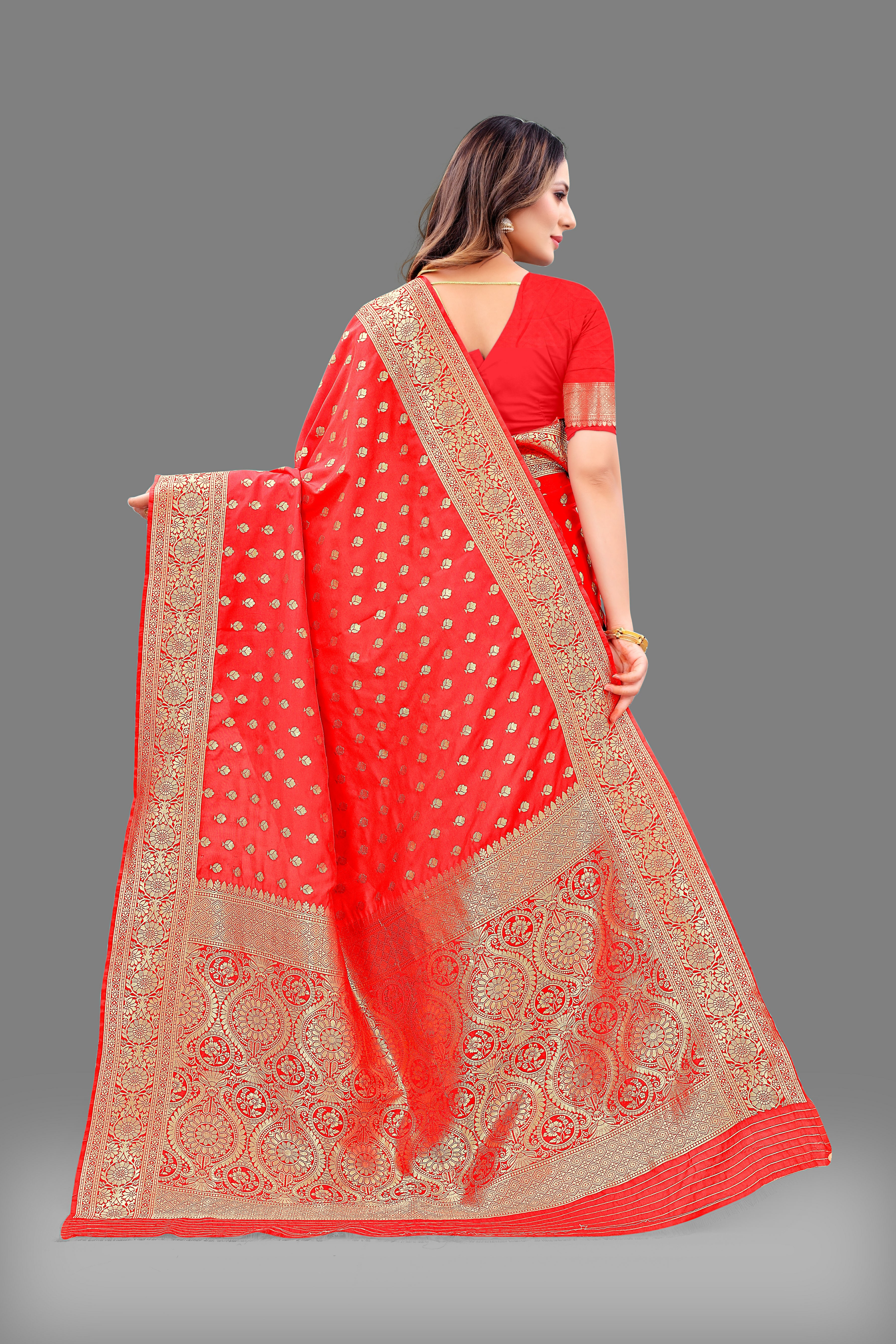Designer Red Banarasi Saree with Intricate Golden Work – Bridal & Party Wear