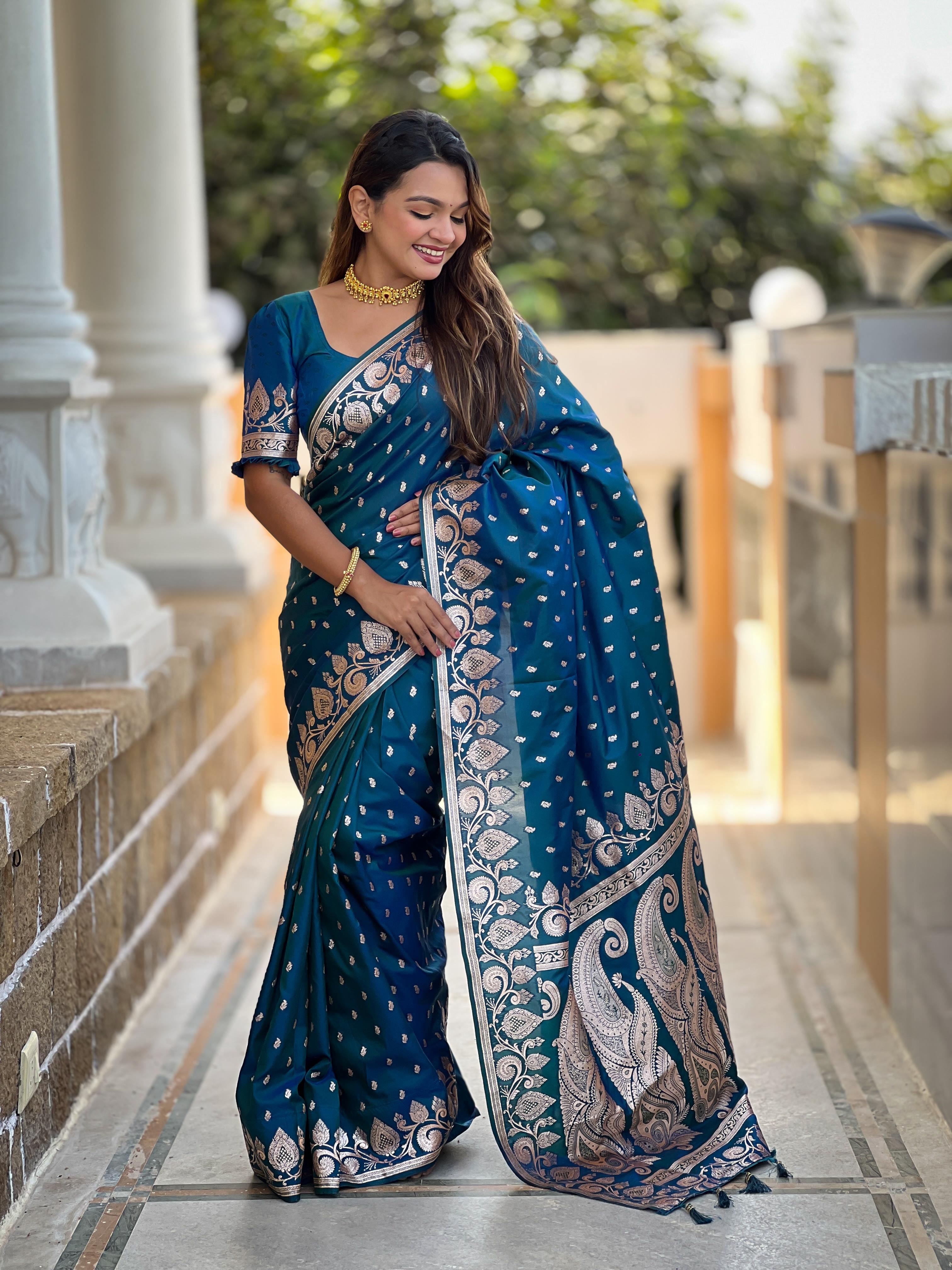 Morpeach Varni Fabrics Women Anjir Geometric Banarasi Silk Tassels and Latkans Saree comes With Matching Blouse