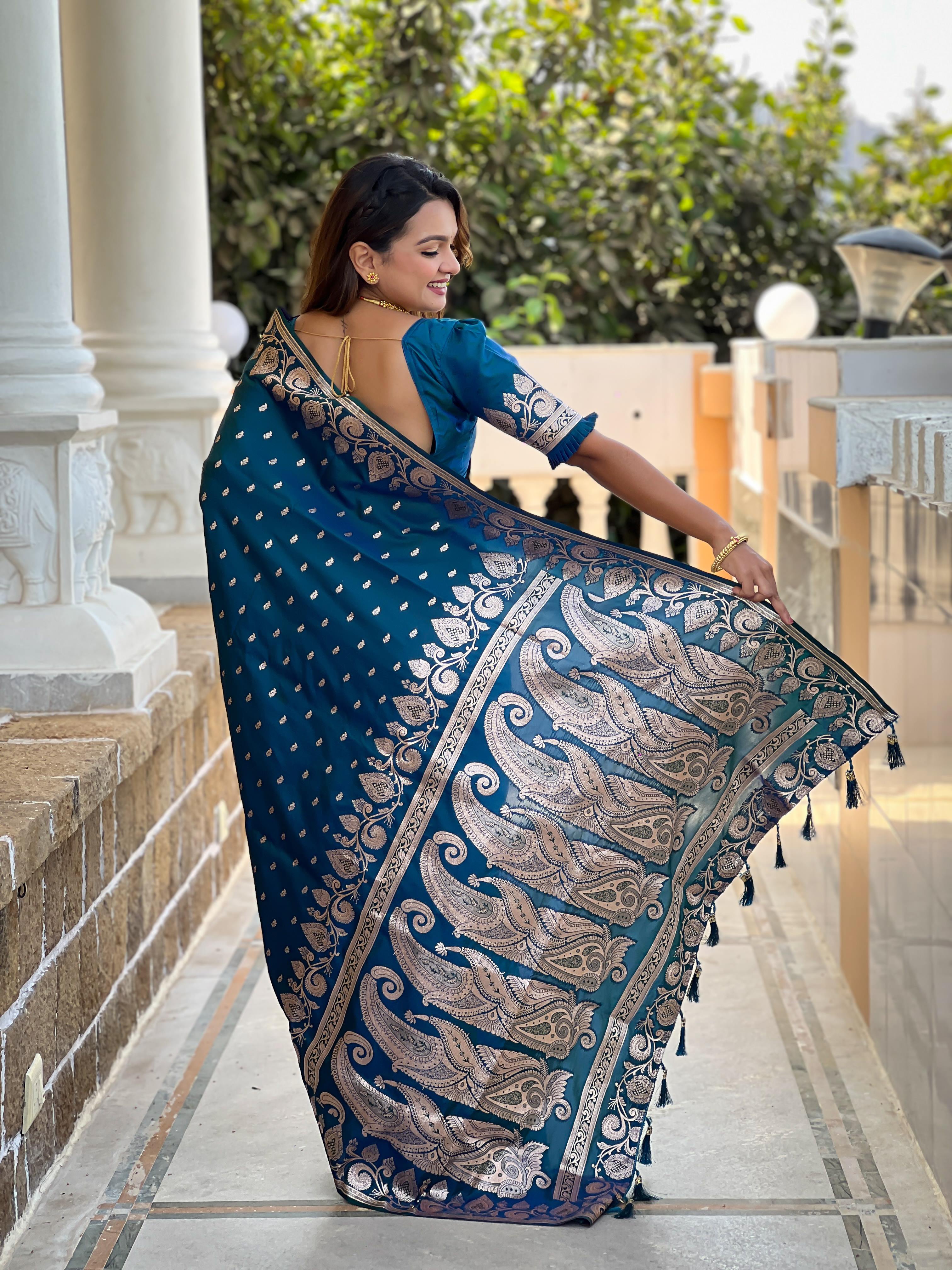 Morpeach Varni Fabrics Women Anjir Geometric Banarasi Silk Tassels and Latkans Saree comes With Matching Blouse