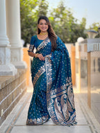 Morpeach Varni Fabrics Women Anjir Geometric Banarasi Silk Tassels and Latkans Saree comes With Matching Blouse