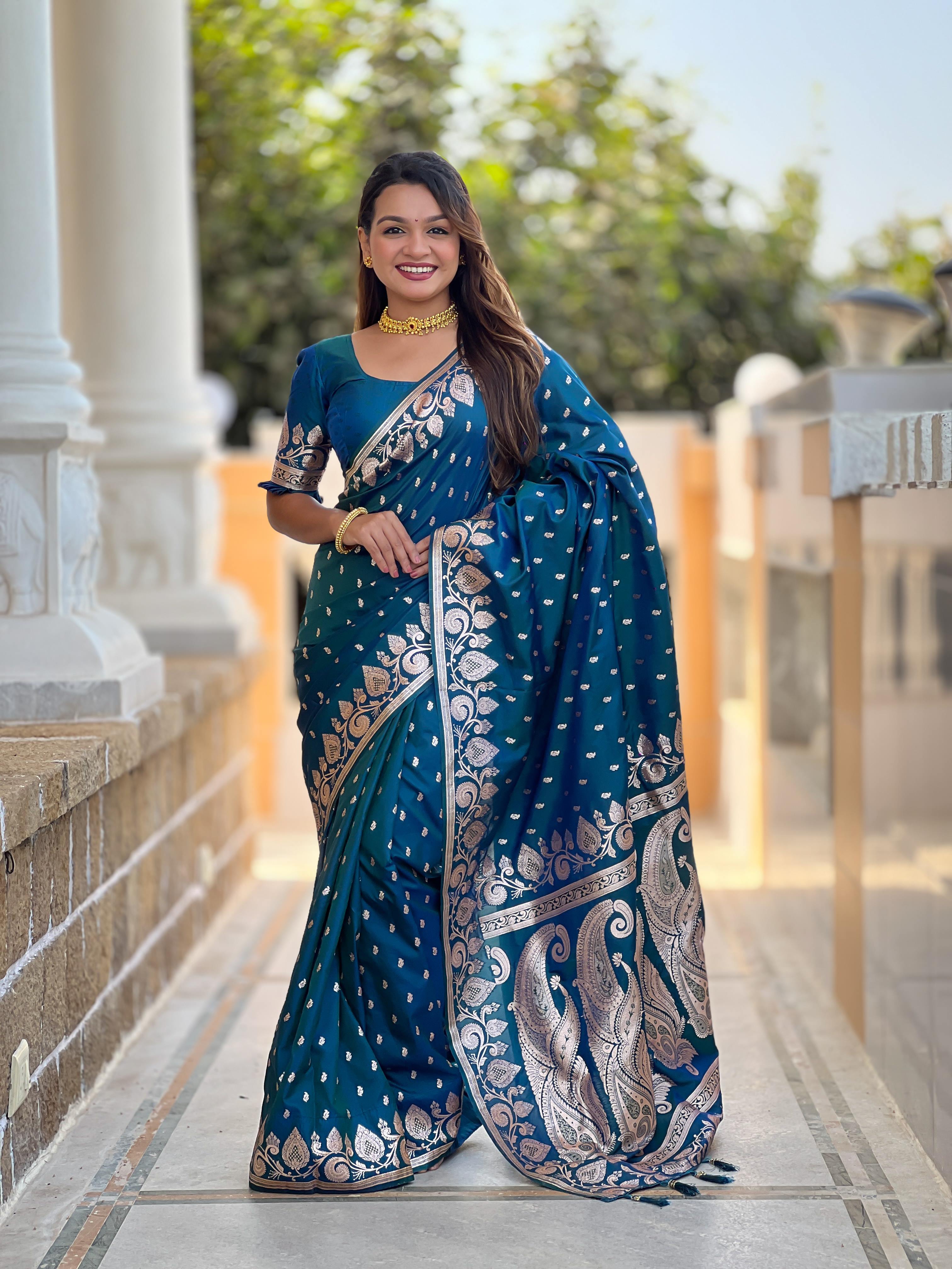 Morpeach Varni Fabrics Women Anjir Geometric Banarasi Silk Tassels and Latkans Saree comes With Matching Blouse