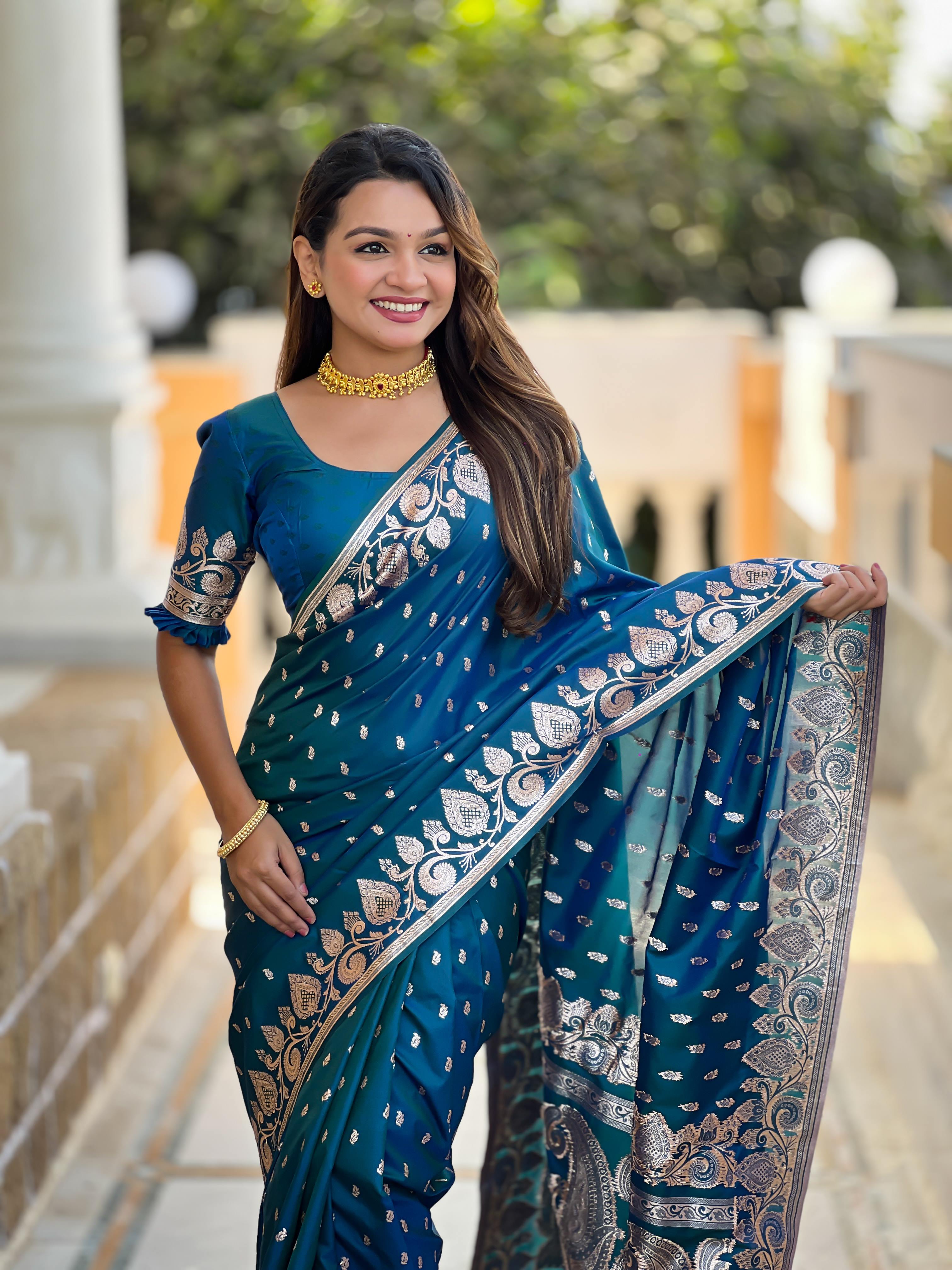 Morpeach Varni Fabrics Women Anjir Geometric Banarasi Silk Tassels and Latkans Saree comes With Matching Blouse