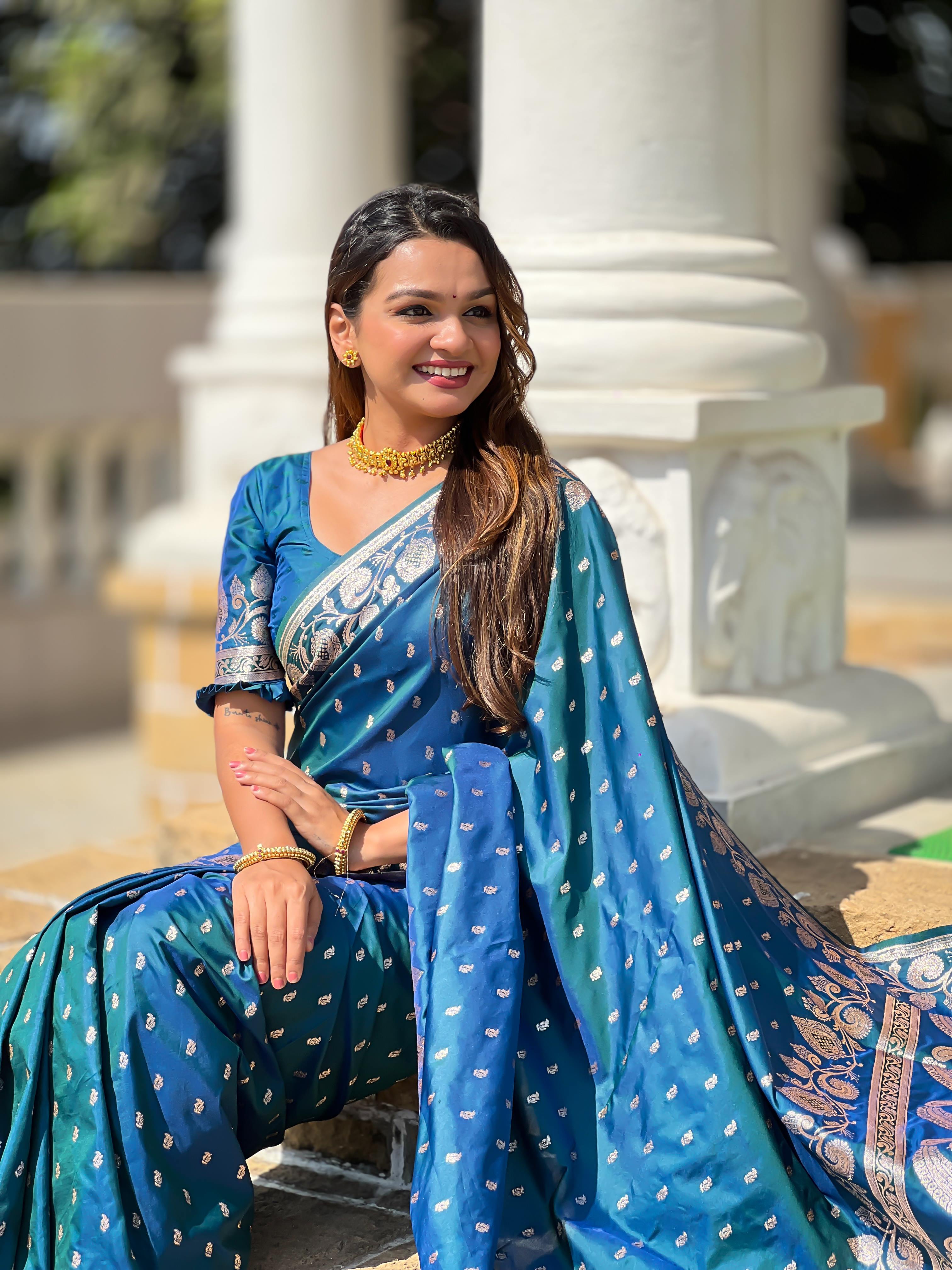 Morpeach Varni Fabrics Women Anjir Geometric Banarasi Silk Tassels and Latkans Saree comes With Matching Blouse
