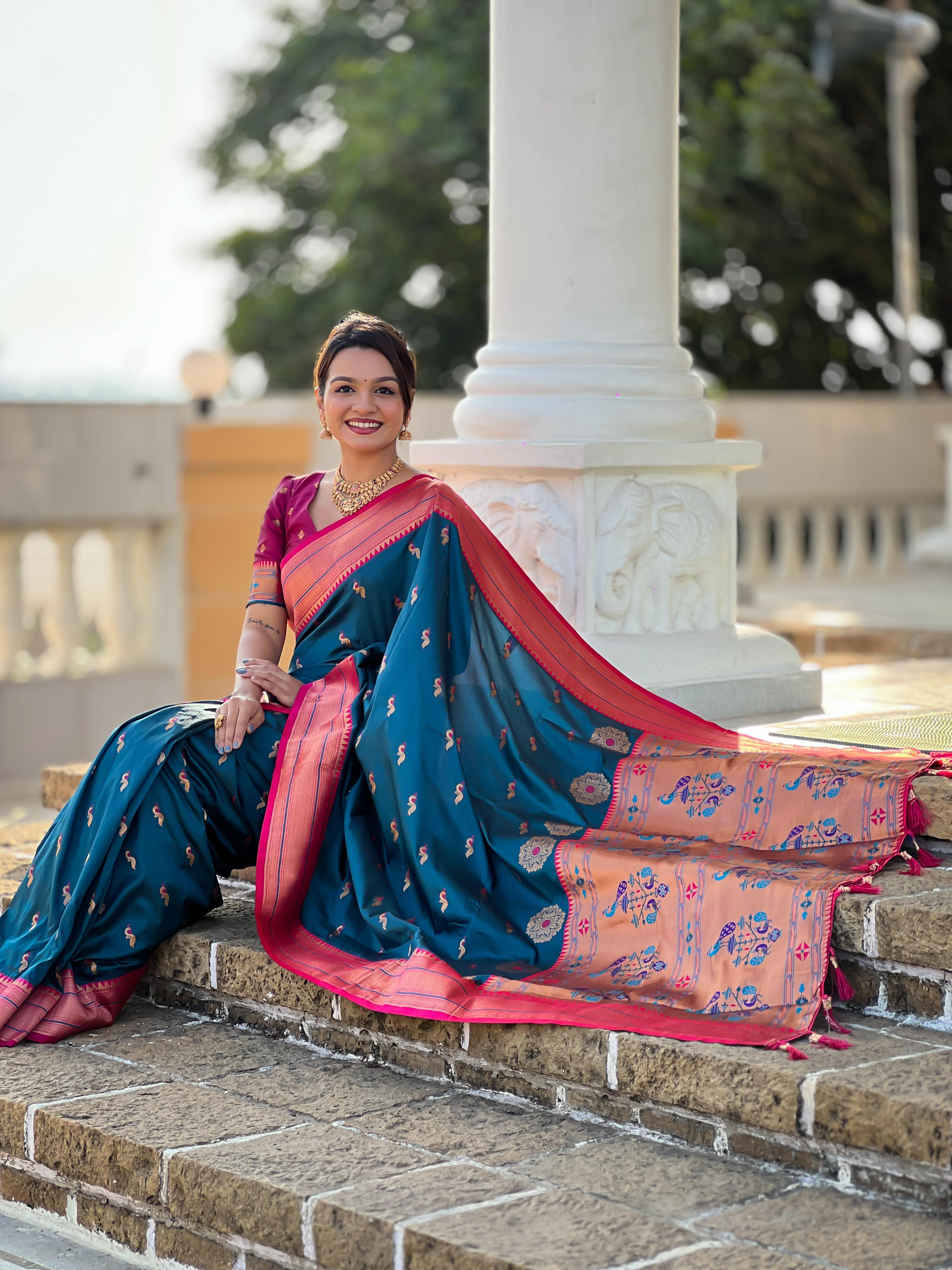 Morpeach Traditional Paithani Silk Saree with Tassels & Latkans – Includes Matching Blouse