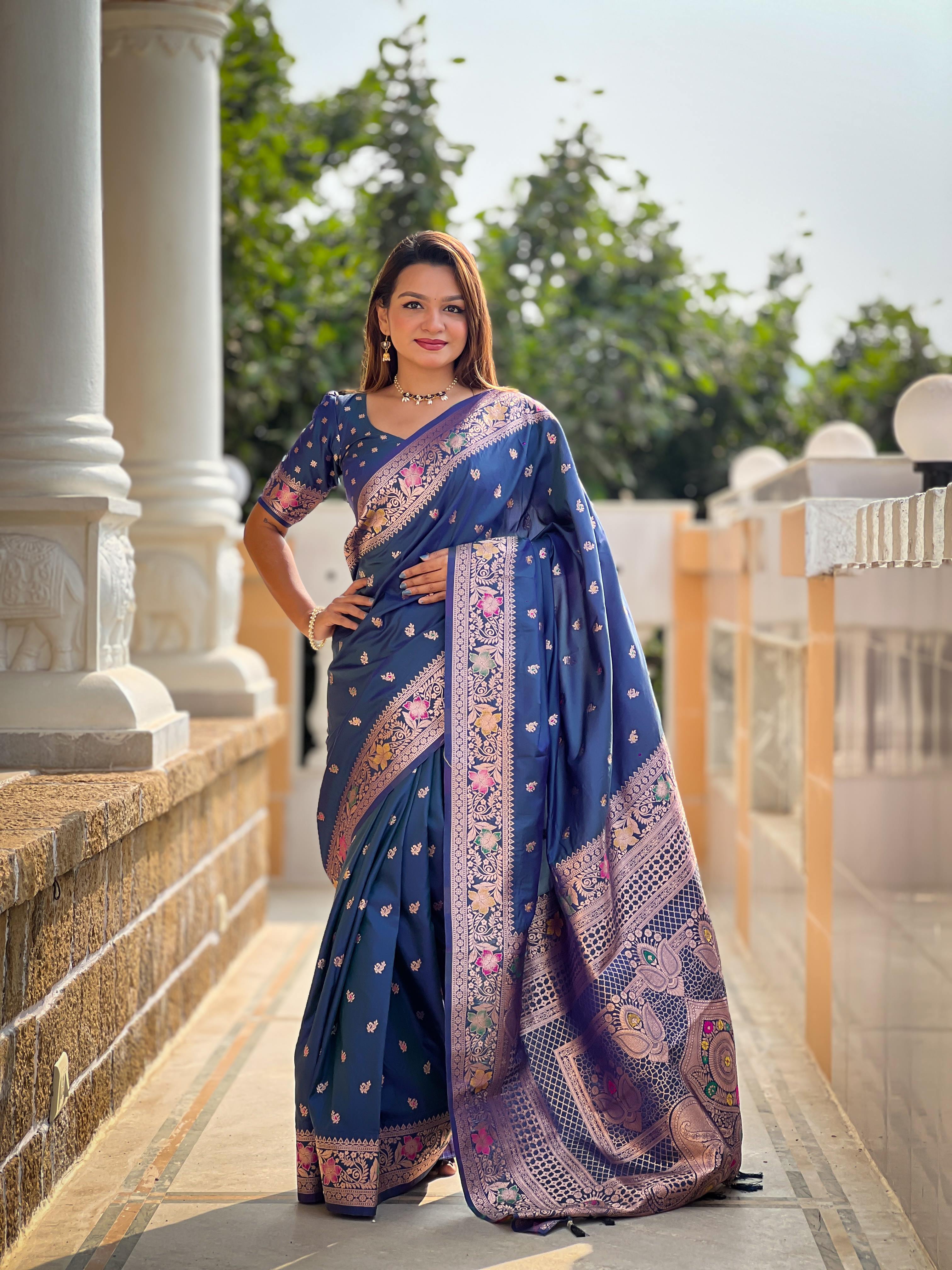 Morpeach Varni Fabrics Women Paisley Banarasi Silk Embellished Saree comes With Matching Blouse