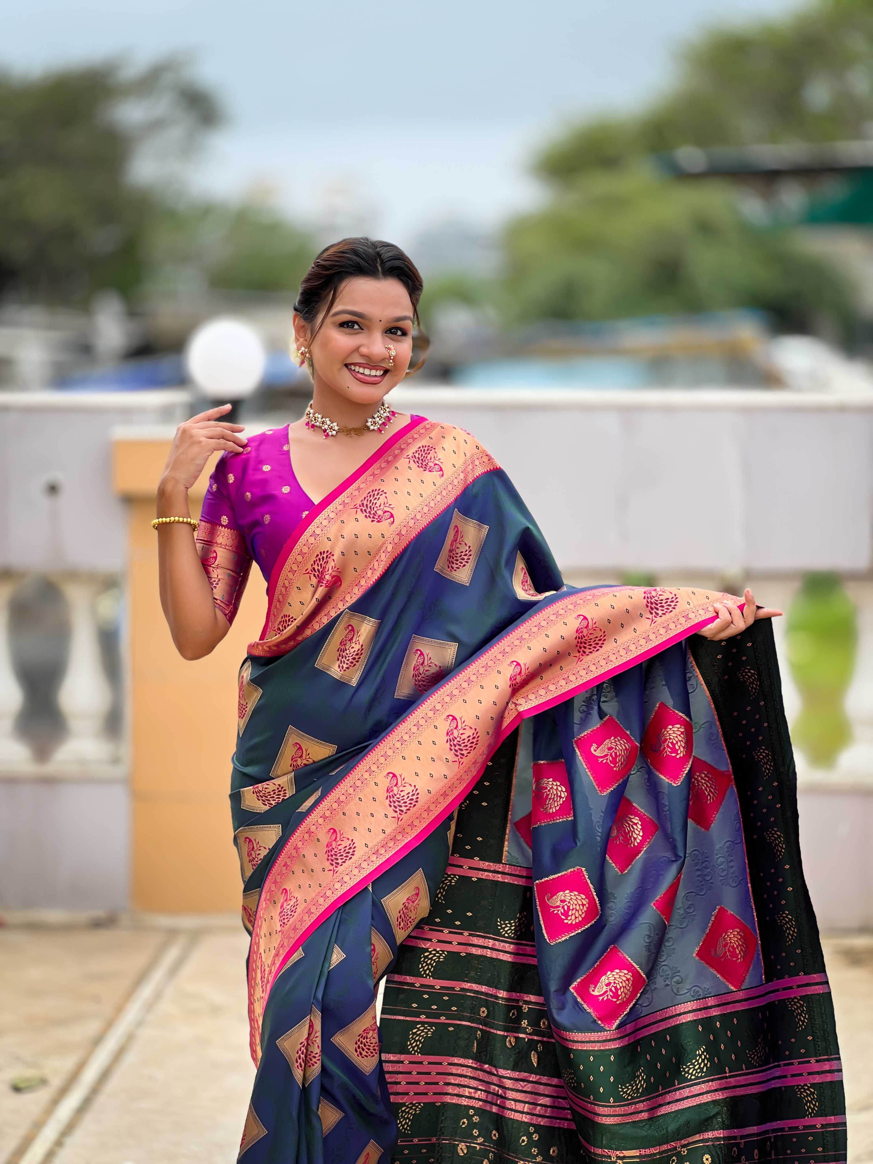 Morpeach Soft Banarasi silk saree with zari weaving Meenakari design all over the saree & contrast weawing Rich pallu with contrast weawing border & tessels attached at Pallu End. Blouse :- Soft silk weawing blouse piece