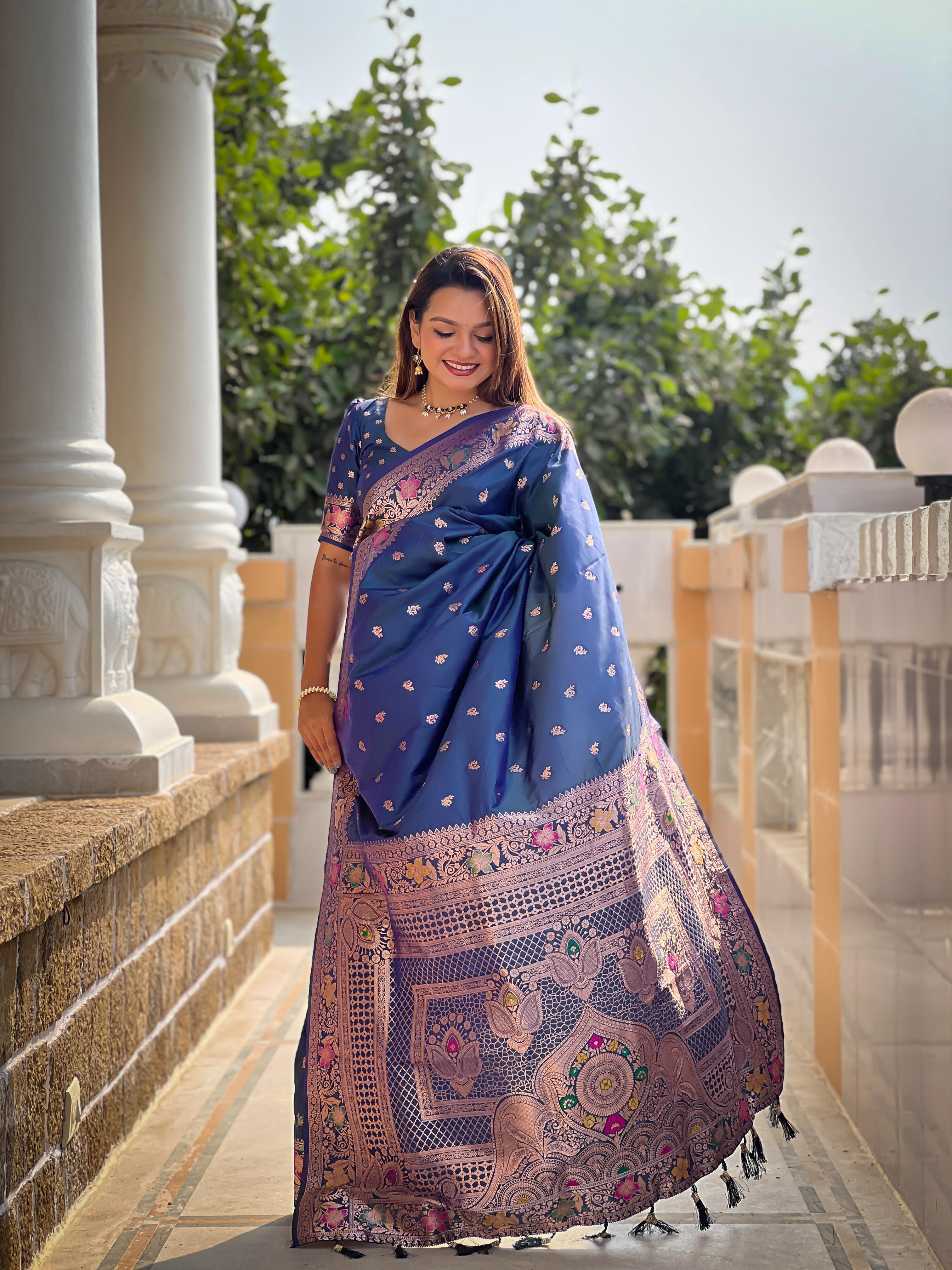Morpeach Varni Fabrics Women Paisley Banarasi Silk Embellished Saree comes With Matching Blouse