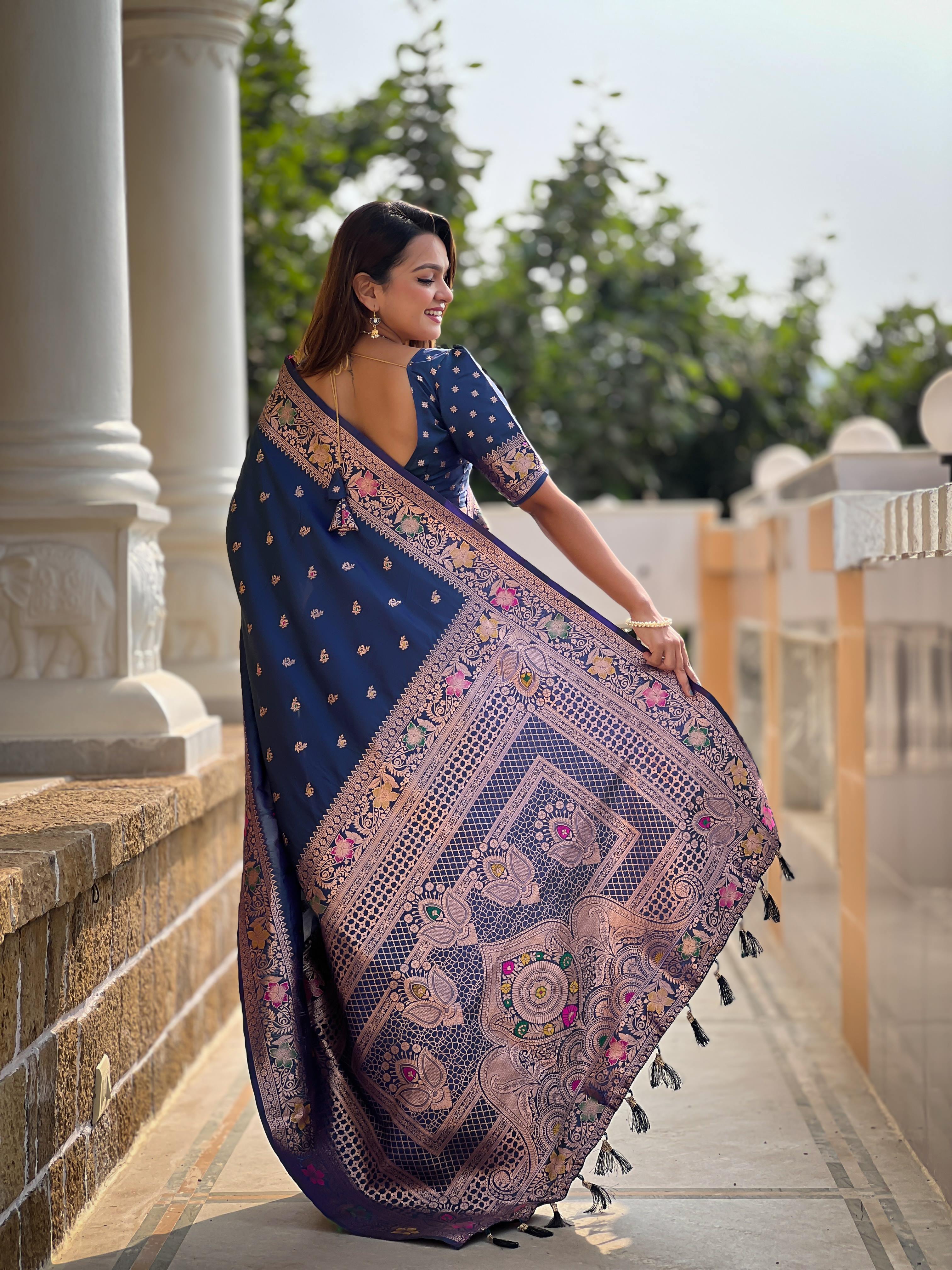 Morpeach Varni Fabrics Women Paisley Banarasi Silk Embellished Saree comes With Matching Blouse