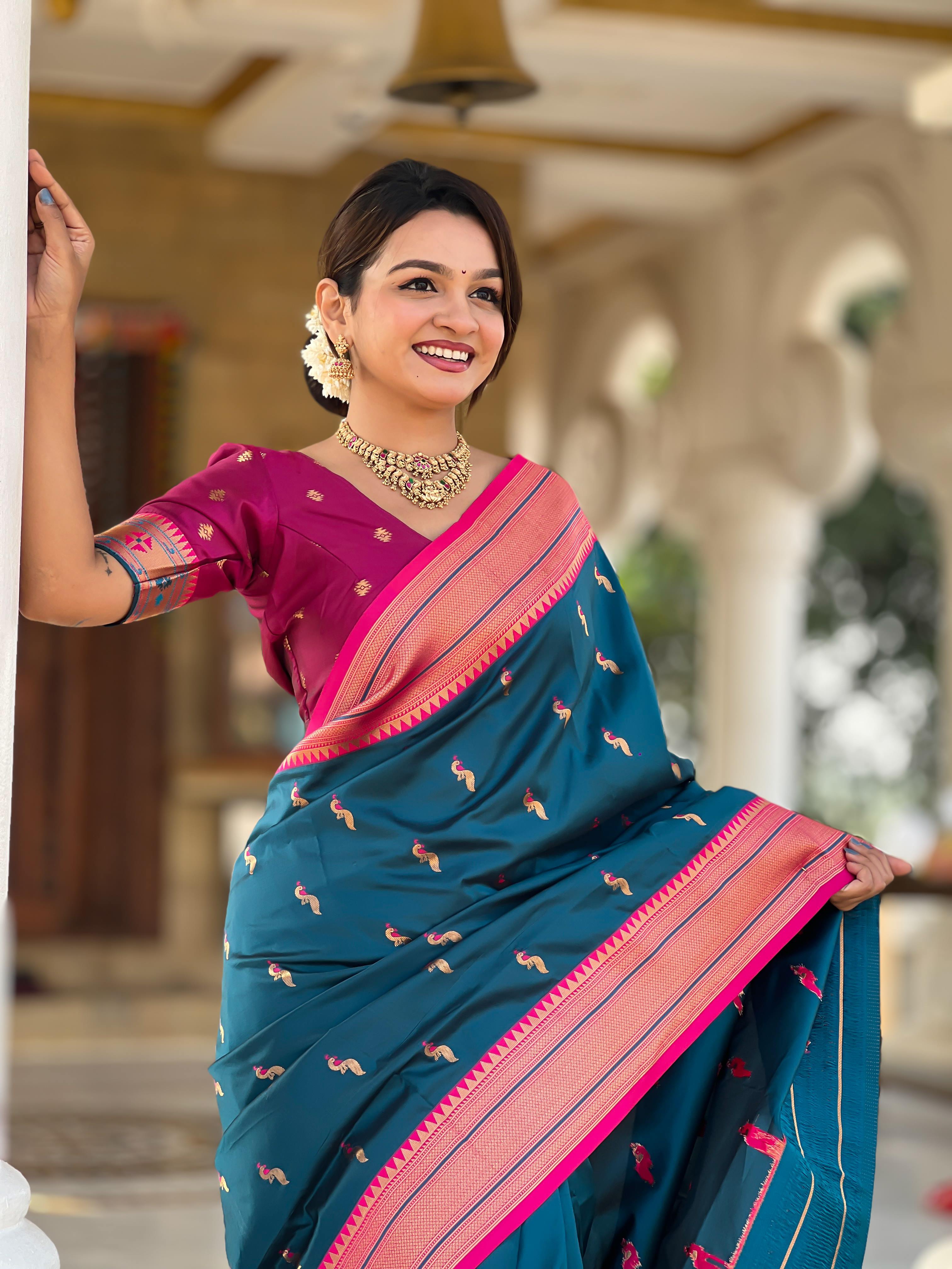 Morpeach Traditional Paithani Silk Saree with Tassels & Latkans – Includes Matching Blouse