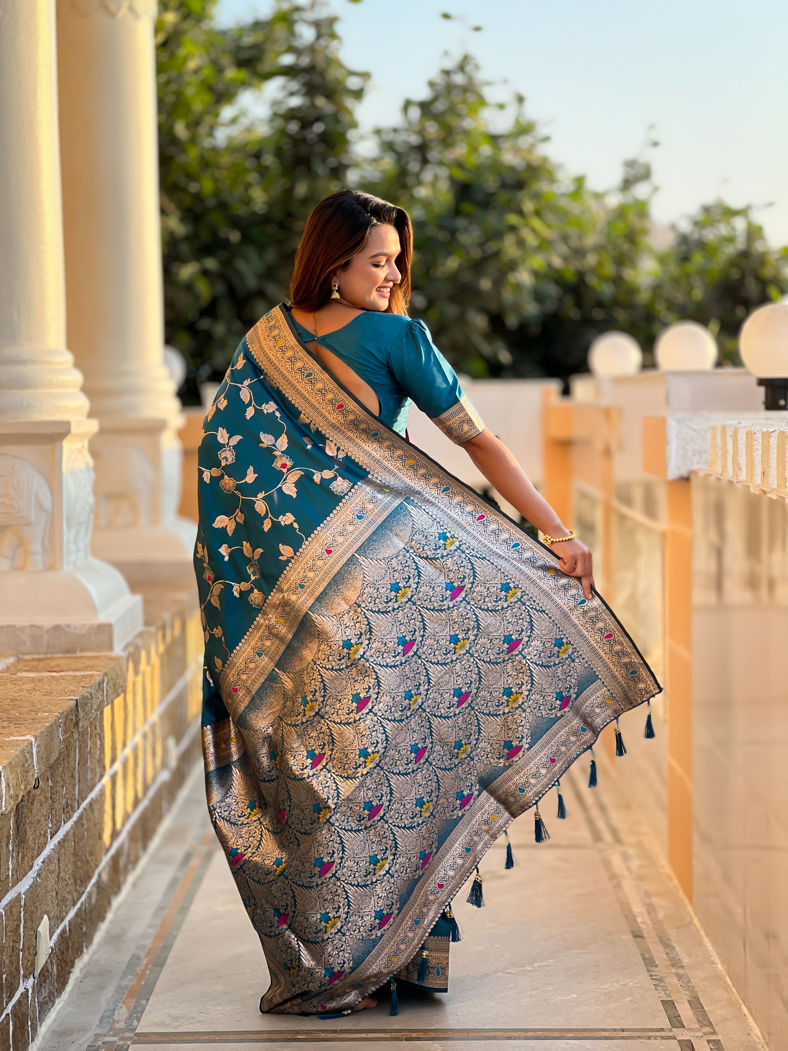 Morpeach Varni Fabrics Women's Traditional Banarasi Silk Saree with Woven Design & Blouse