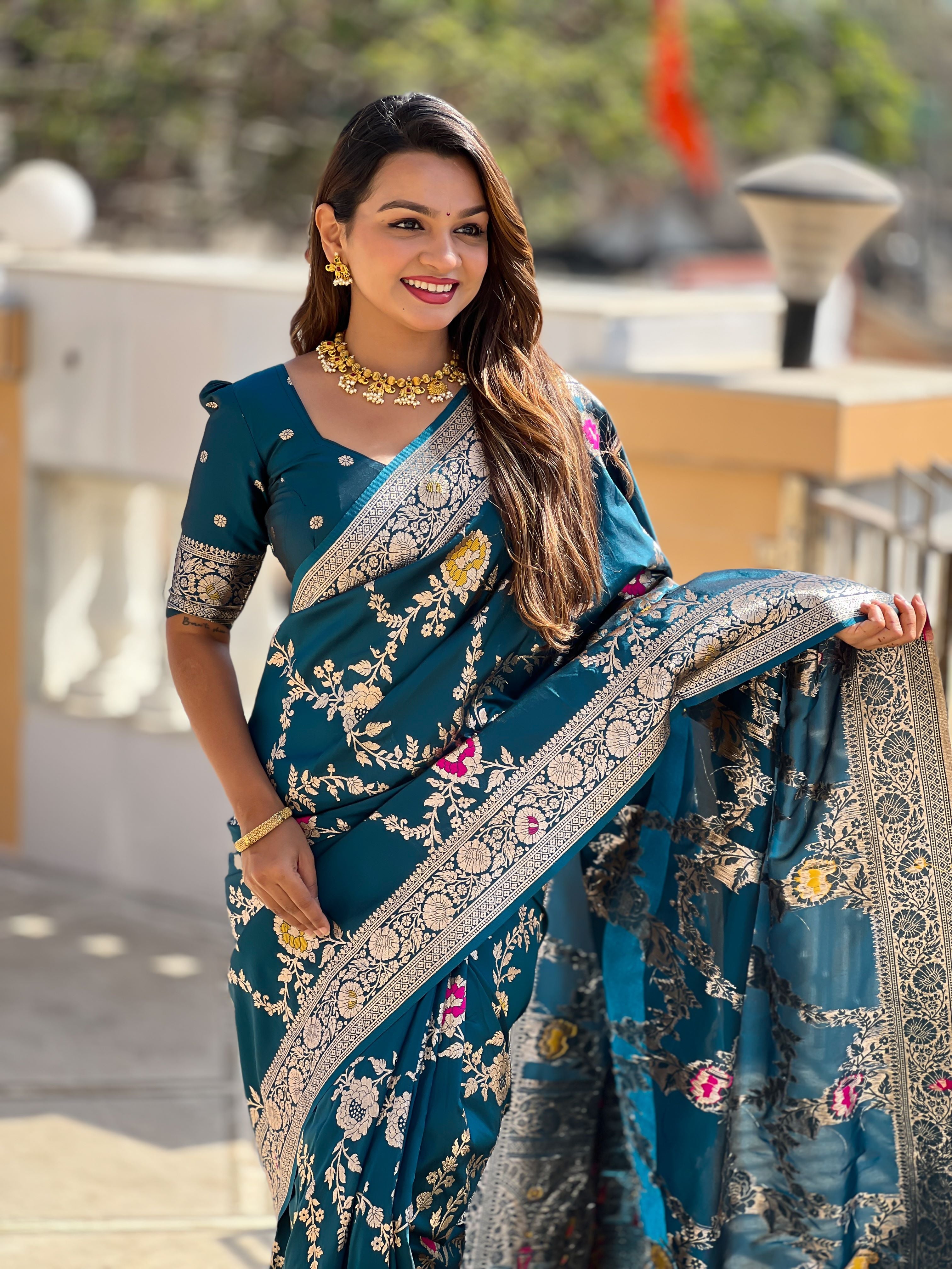 Morpeach Varni Fabrics Women Floral Banarasi Silk Woven Saree comes With Matching Blouse