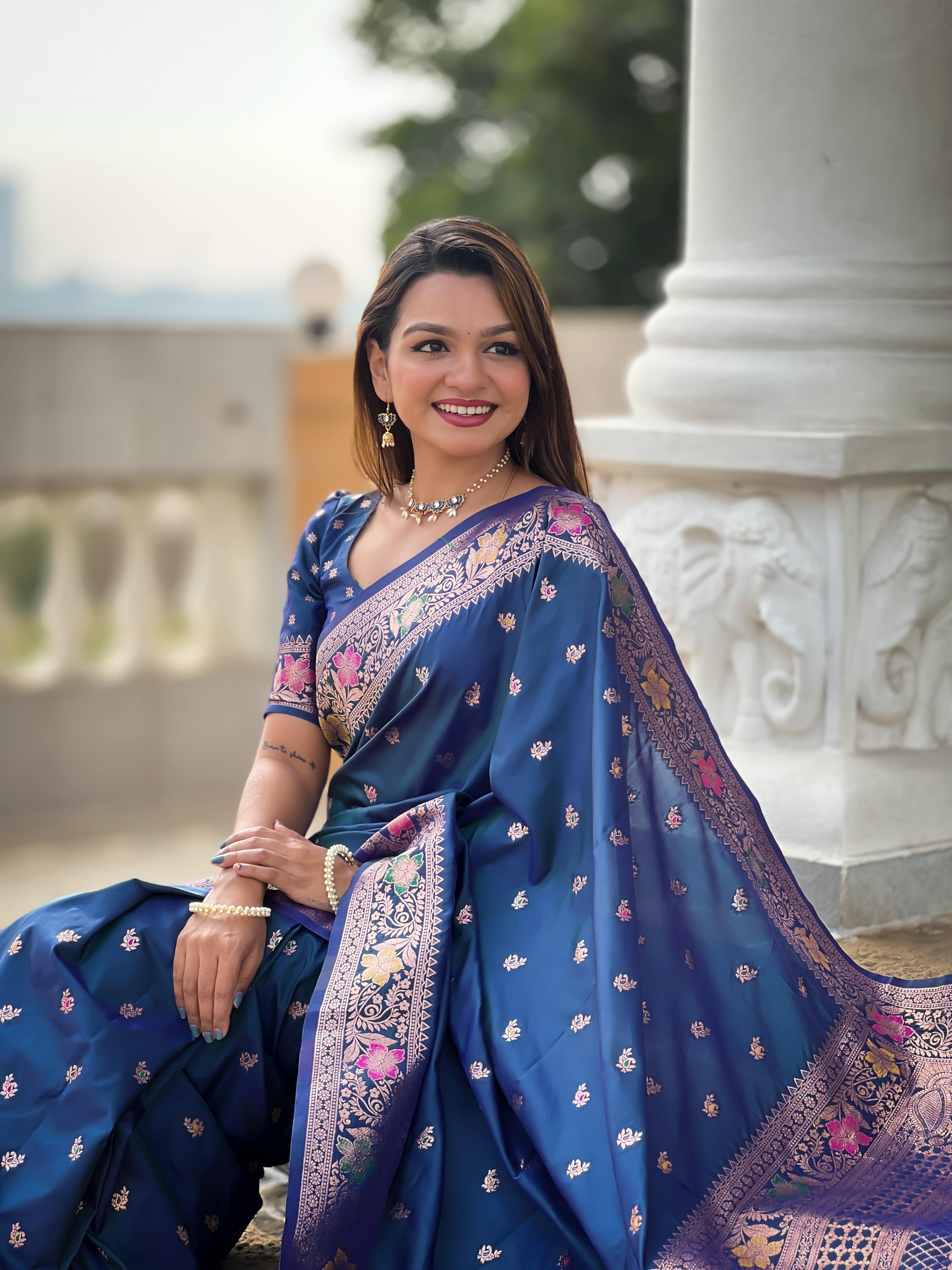 Morpeach Varni Fabrics Women Paisley Banarasi Silk Embellished Saree comes With Matching Blouse