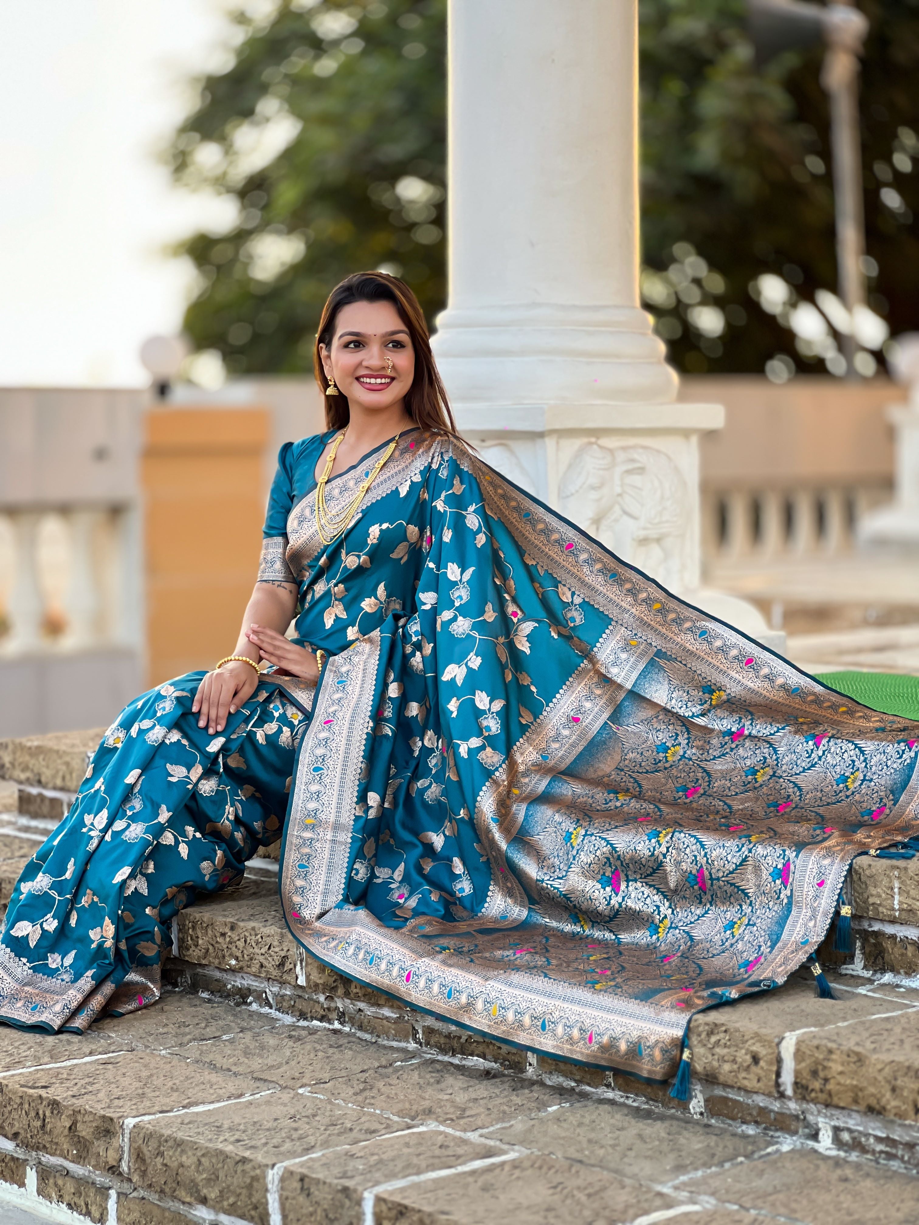 Morpeach Varni Fabrics Women's Traditional Banarasi Silk Saree with Woven Design & Blouse
