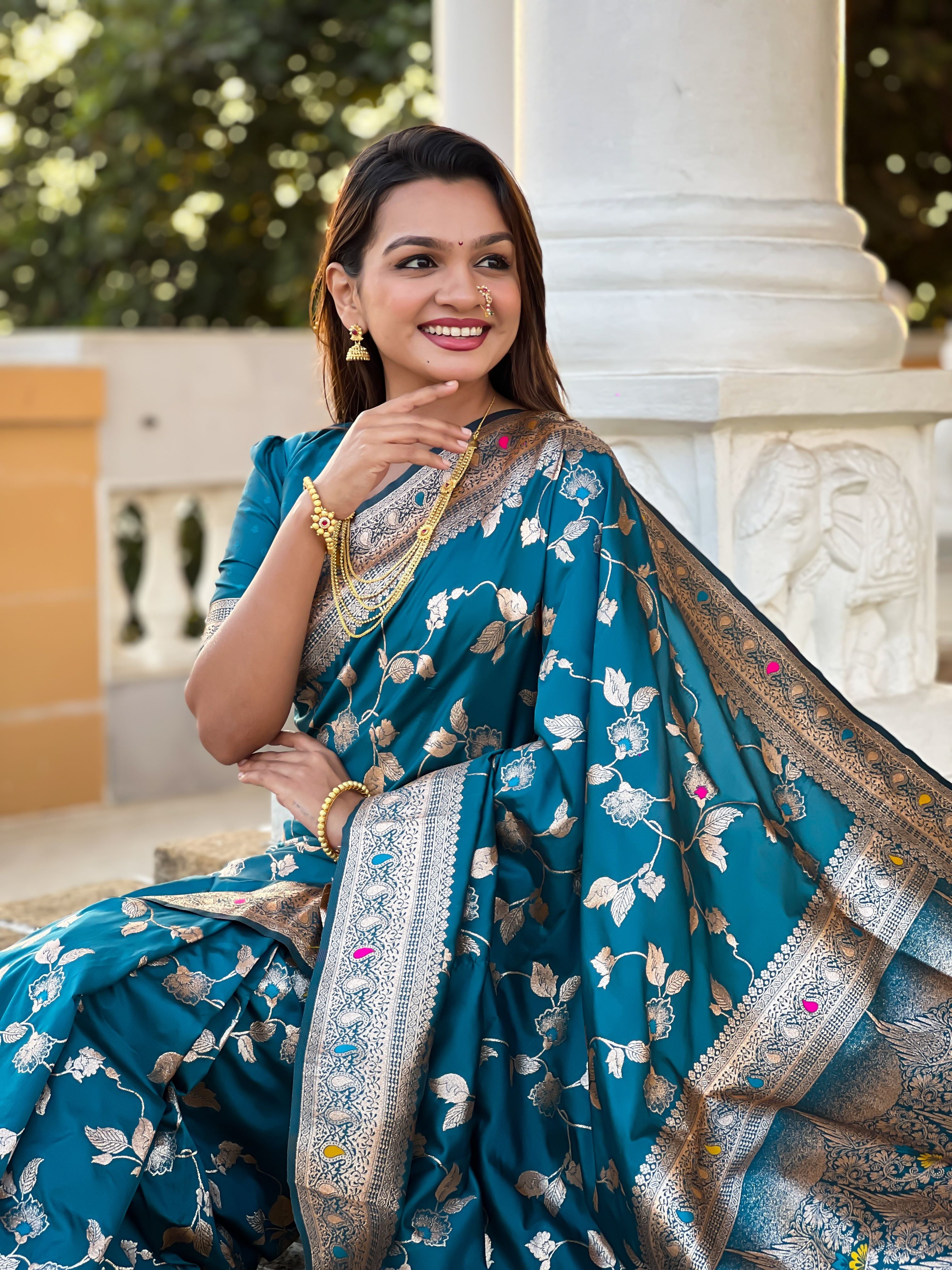 Morpeach Varni Fabrics Women's Traditional Banarasi Silk Saree with Woven Design & Blouse