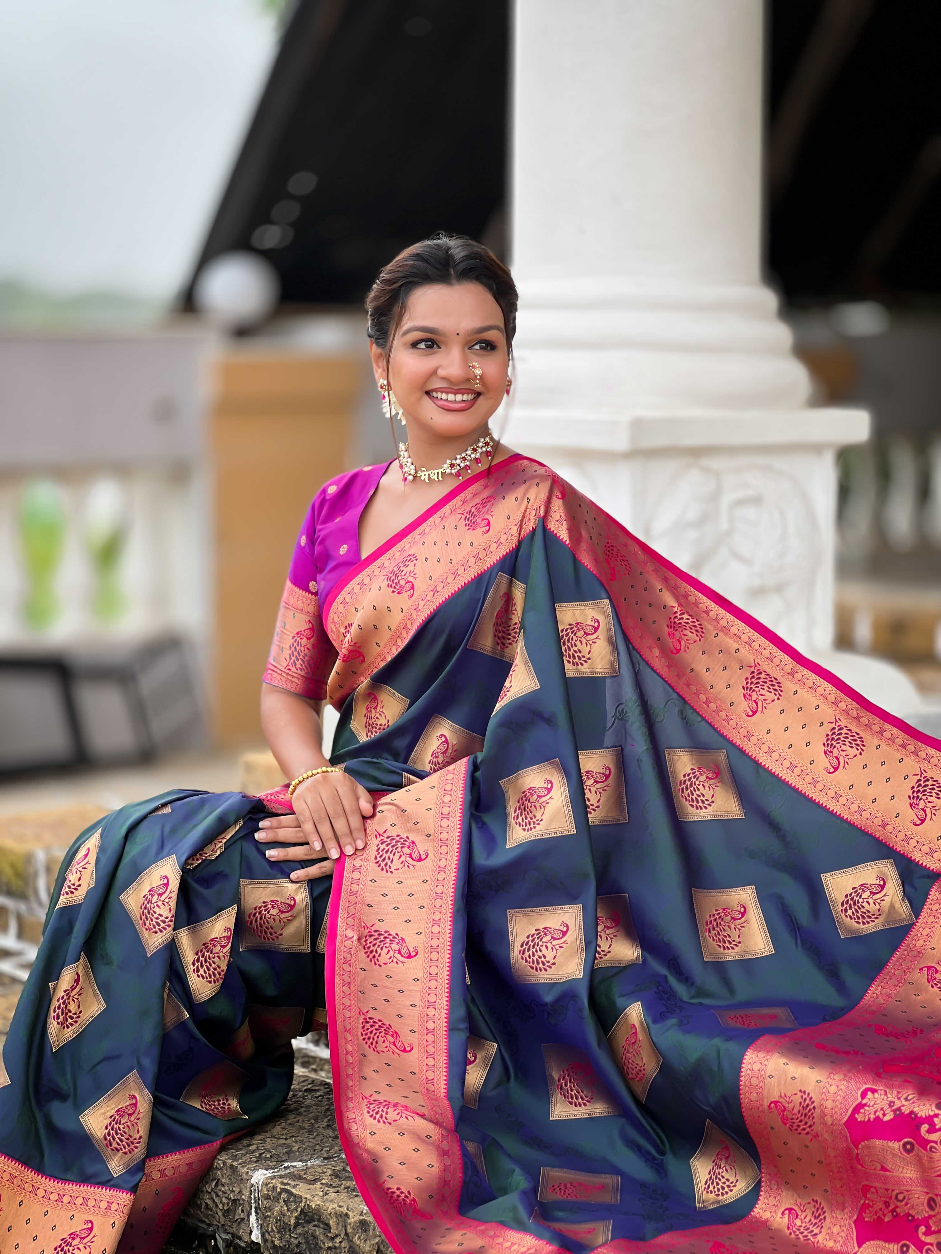Morpeach Soft Banarasi silk saree with zari weaving Meenakari design all over the saree & contrast weawing Rich pallu with contrast weawing border & tessels attached at Pallu End. Blouse :- Soft silk weawing blouse piece
