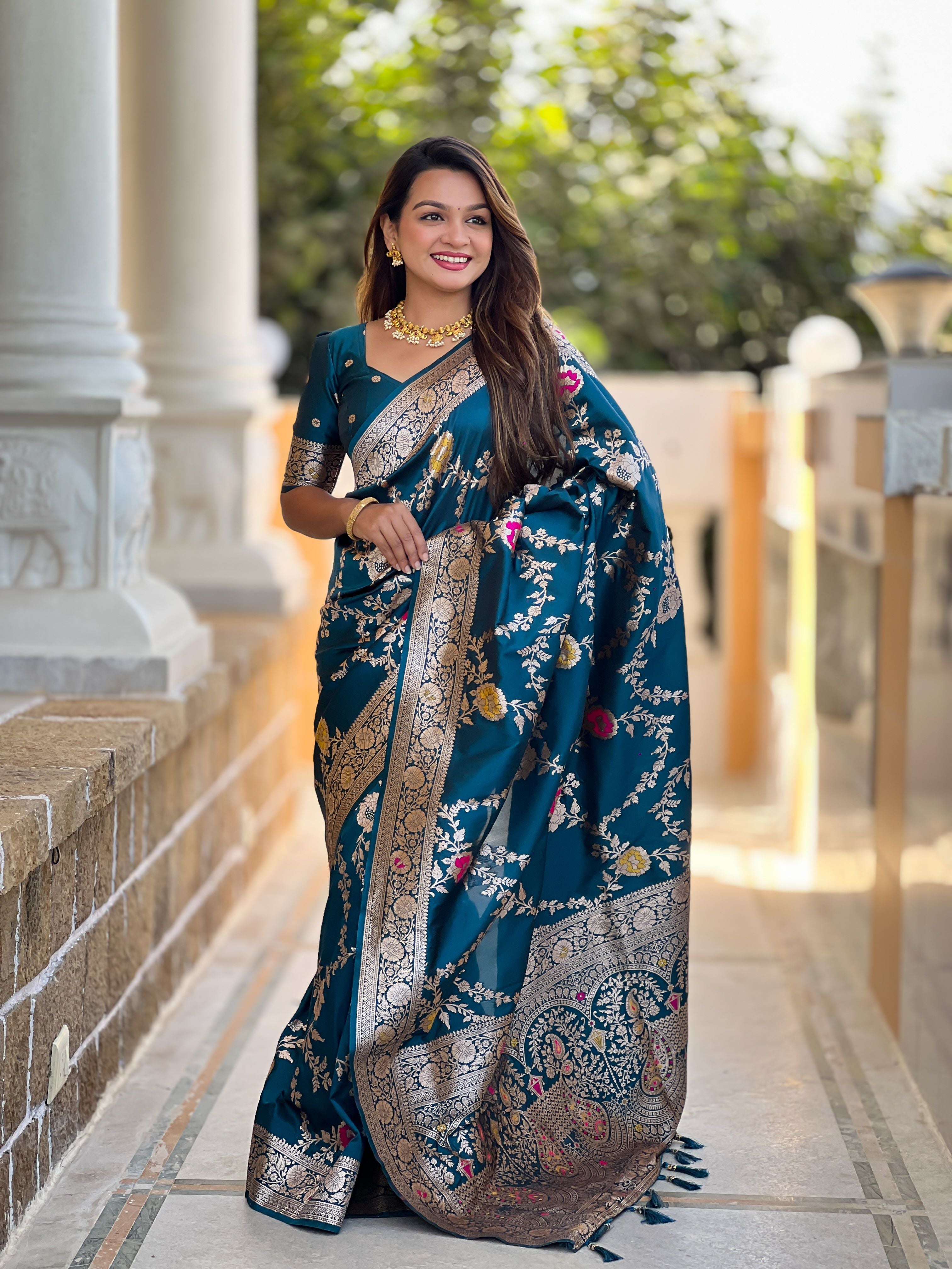 Morpeach Varni Fabrics Women Floral Banarasi Silk Woven Saree comes With Matching Blouse