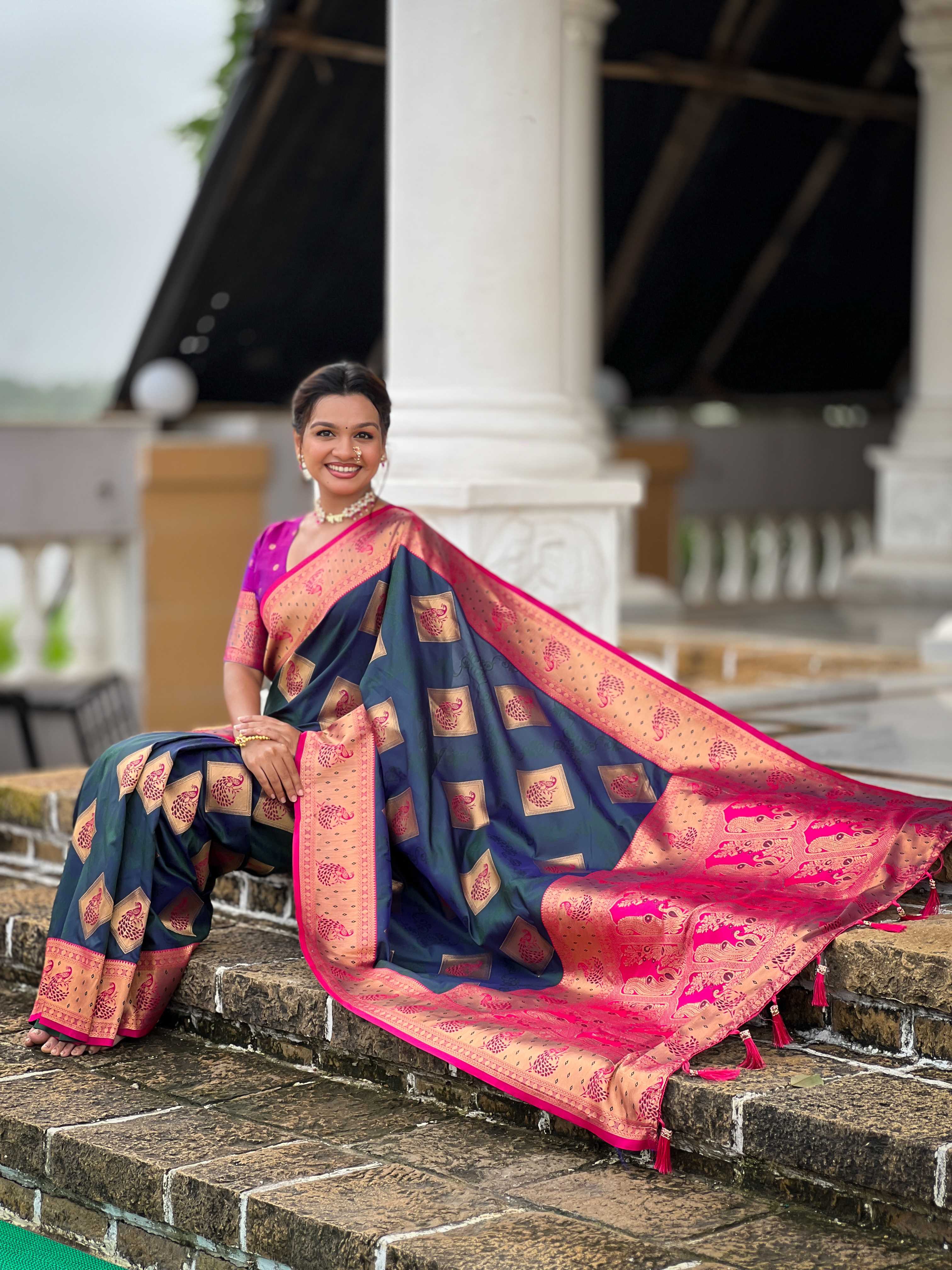 Morpeach Soft Banarasi silk saree with zari weaving Meenakari design all over the saree & contrast weawing Rich pallu with contrast weawing border & tessels attached at Pallu End. Blouse :- Soft silk weawing blouse piece