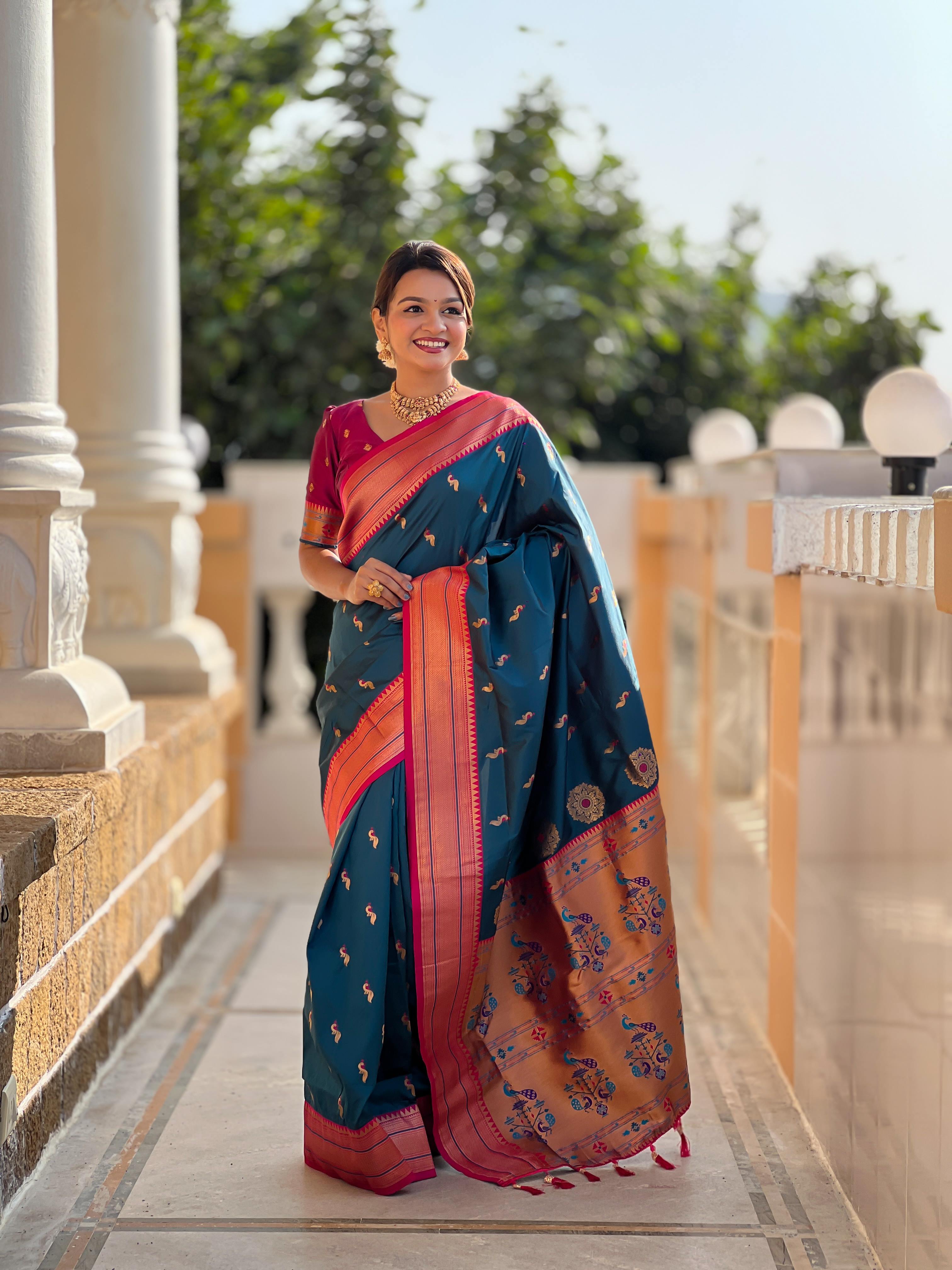 Morpeach Traditional Paithani Silk Saree with Tassels & Latkans – Includes Matching Blouse