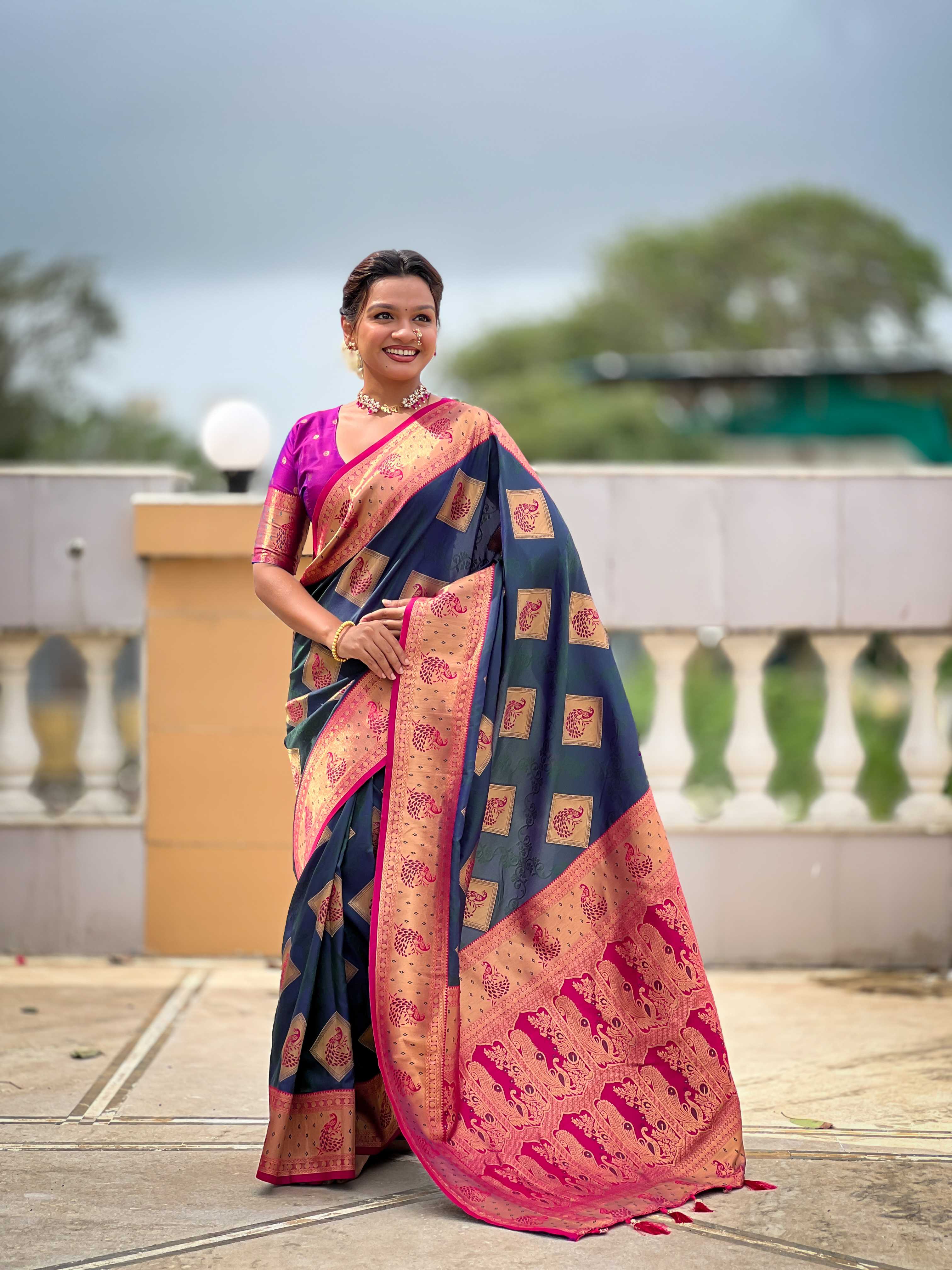 Morpeach Soft Banarasi silk saree with zari weaving Meenakari design all over the saree & contrast weawing Rich pallu with contrast weawing border & tessels attached at Pallu End. Blouse :- Soft silk weawing blouse piece