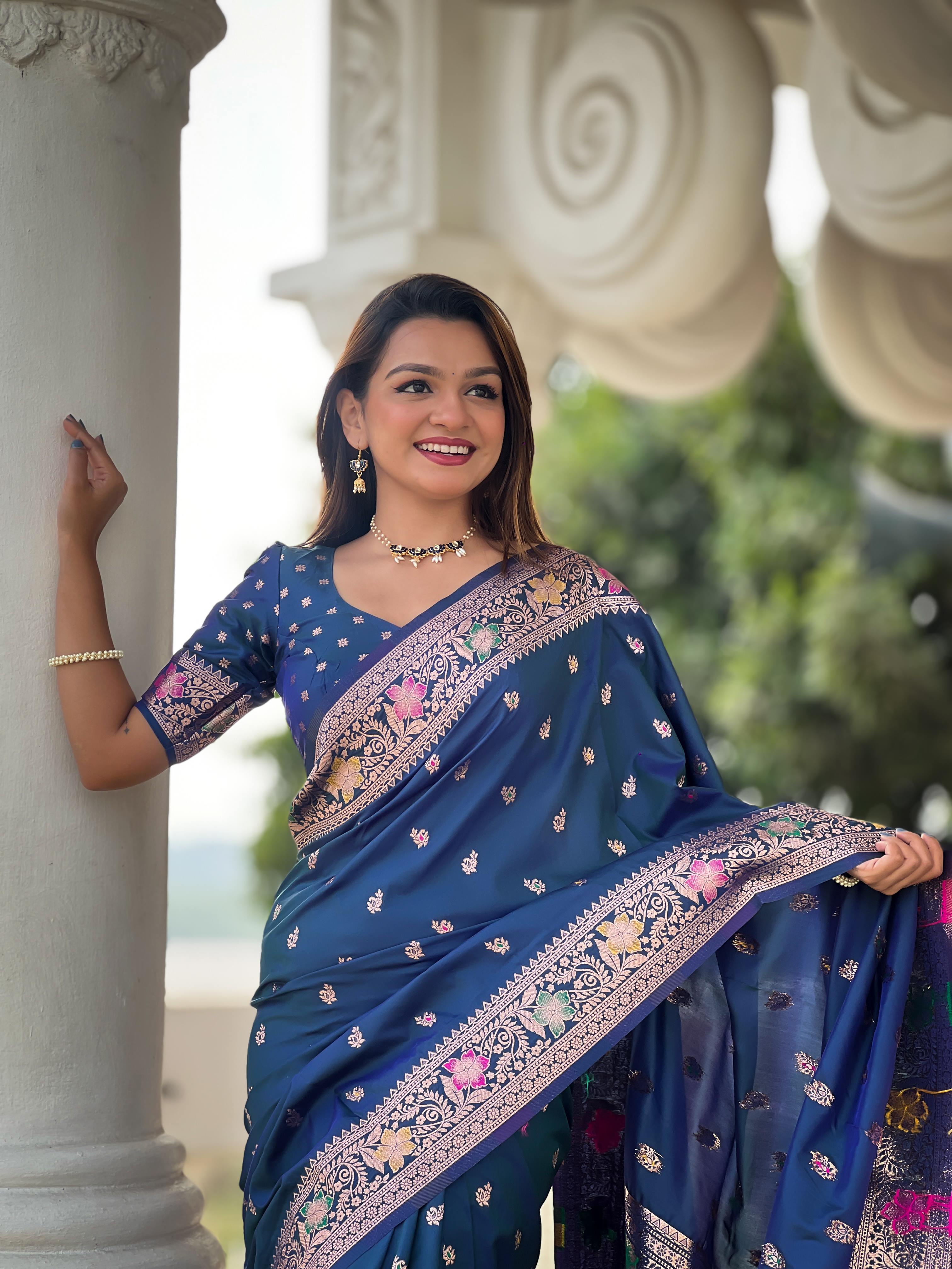Morpeach Varni Fabrics Women Paisley Banarasi Silk Embellished Saree comes With Matching Blouse