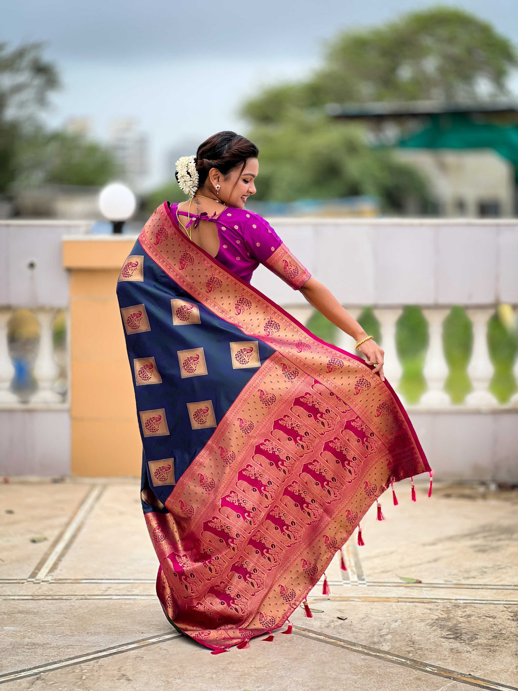Morpeach Soft Banarasi silk saree with zari weaving Meenakari design all over the saree & contrast weawing Rich pallu with contrast weawing border & tessels attached at Pallu End. Blouse :- Soft silk weawing blouse piece