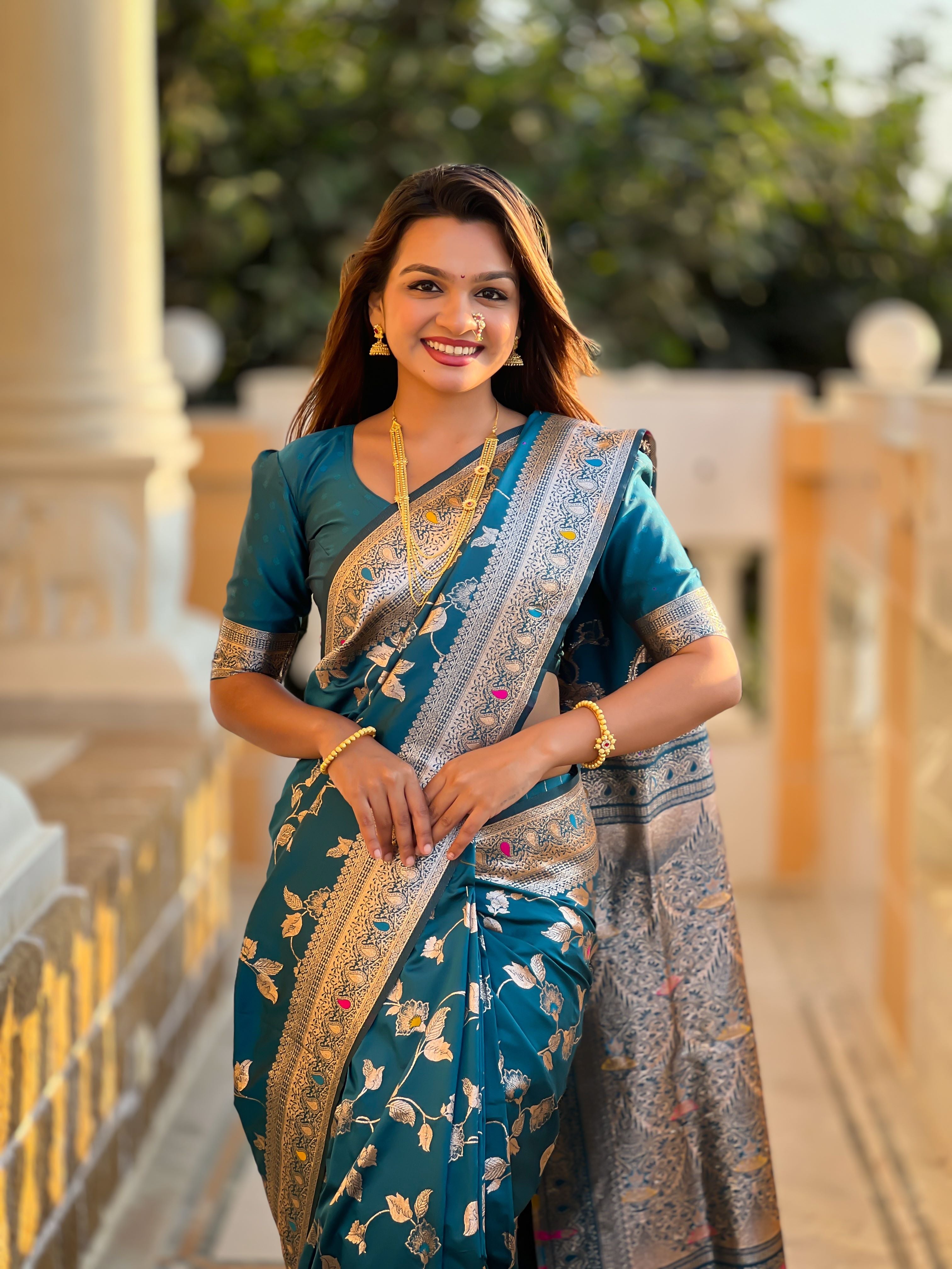 Morpeach Varni Fabrics Women's Traditional Banarasi Silk Saree with Woven Design & Blouse