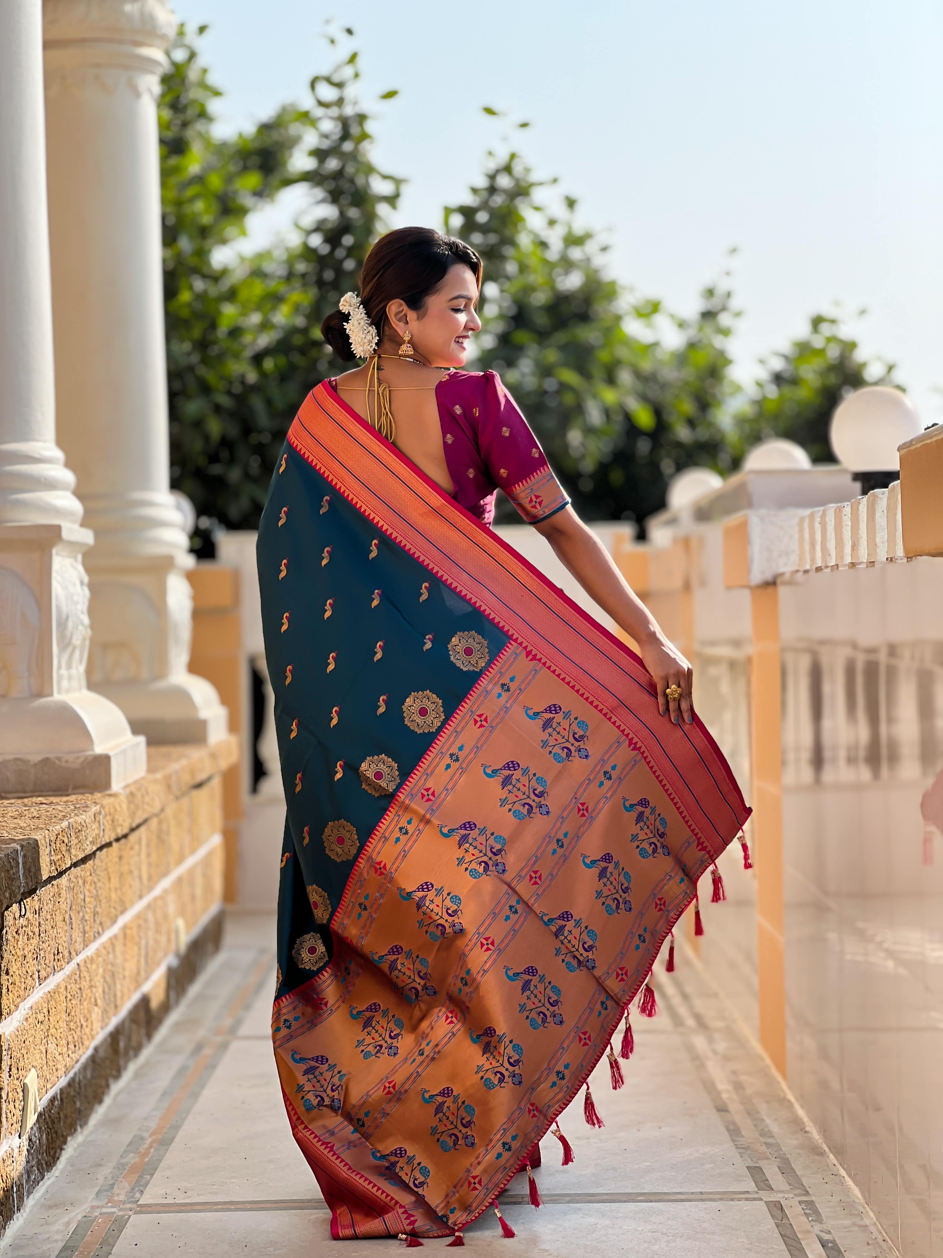 Morpeach Traditional Paithani Silk Saree with Tassels & Latkans – Includes Matching Blouse