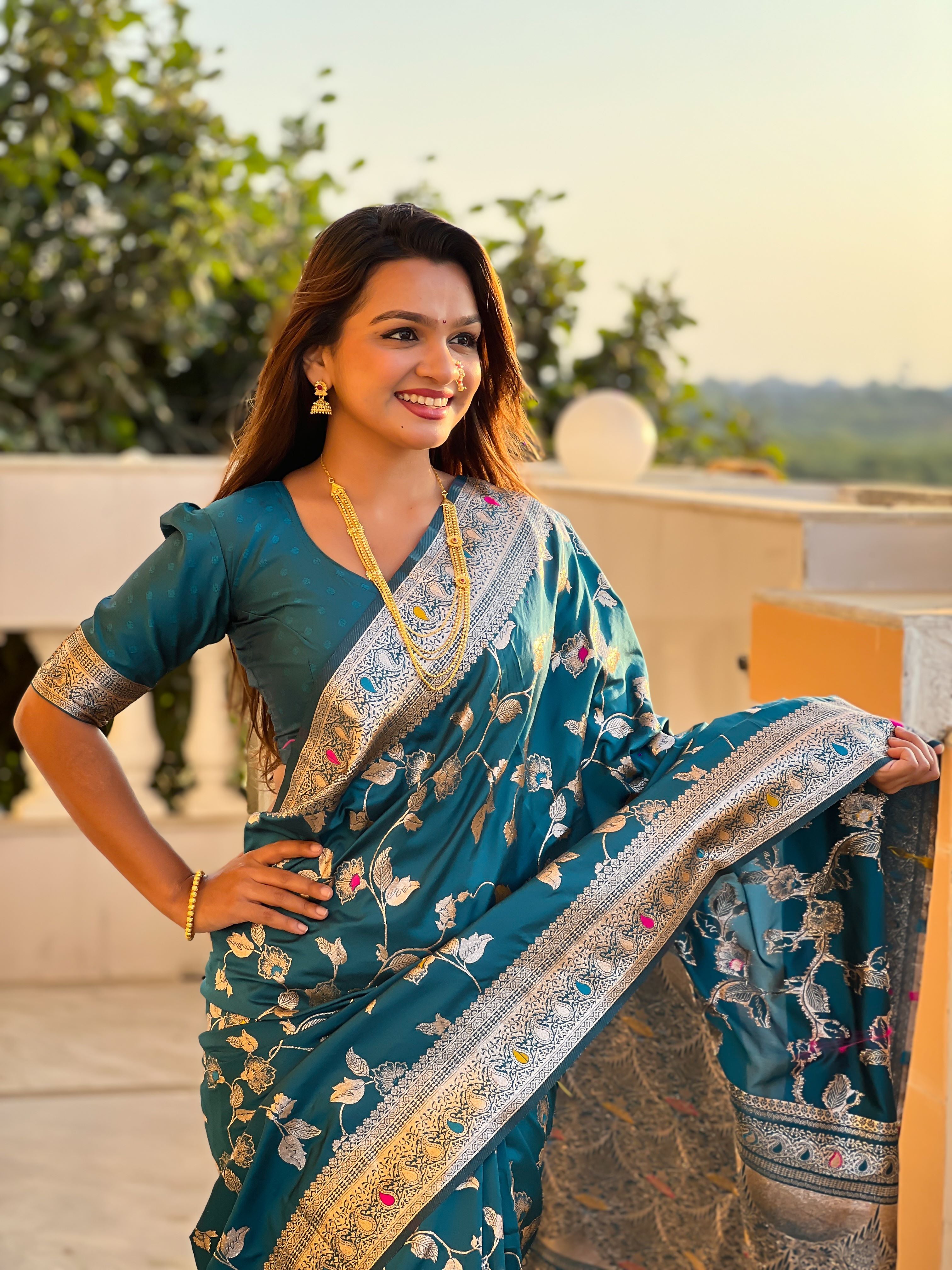 Morpeach Varni Fabrics Women's Traditional Banarasi Silk Saree with Woven Design & Blouse