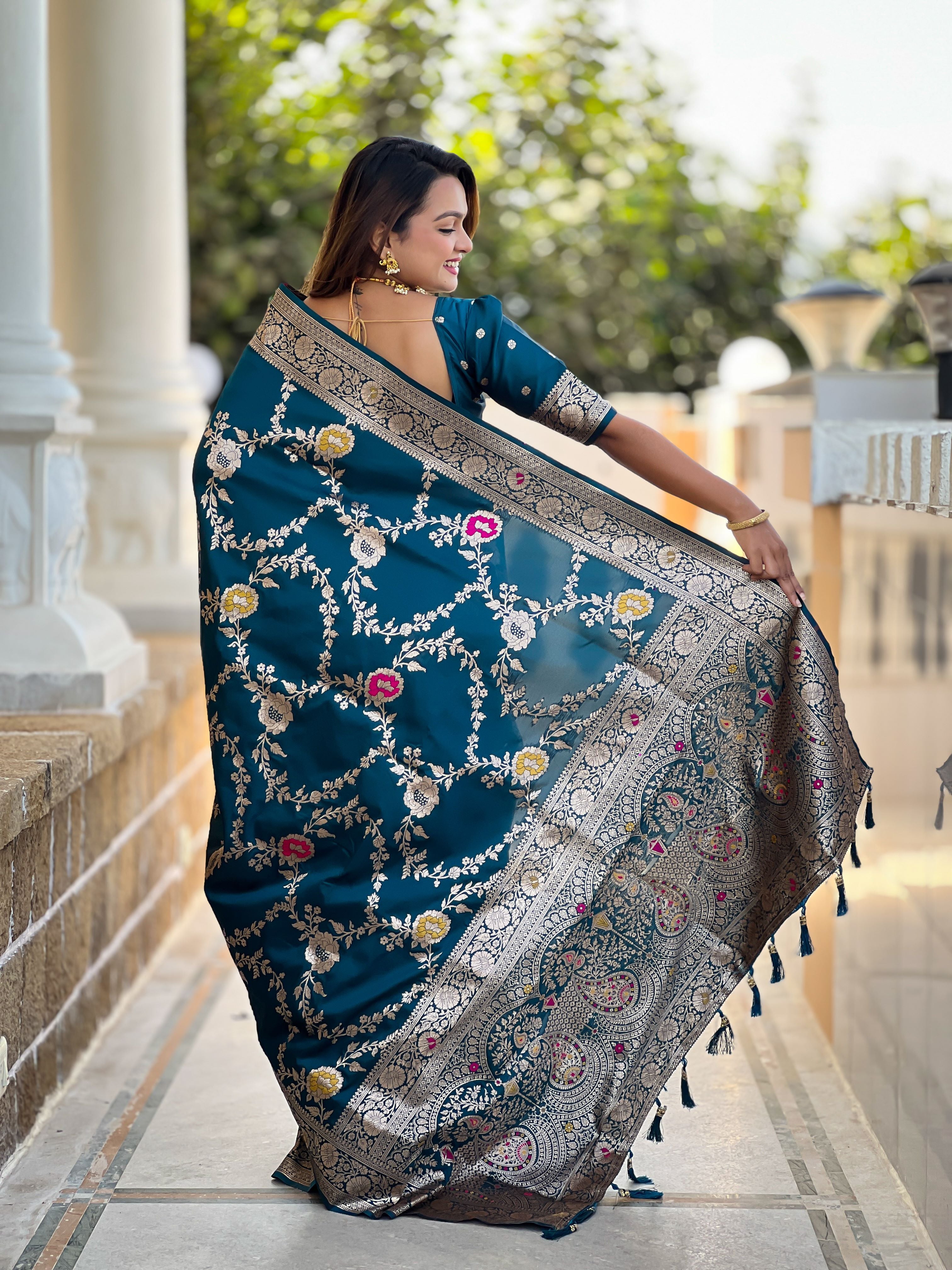 Morpeach Varni Fabrics Women Floral Banarasi Silk Woven Saree comes With Matching Blouse