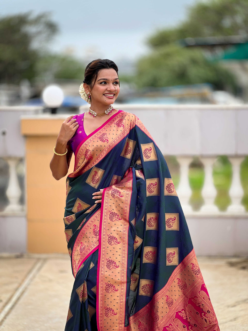 Morpeach Soft Banarasi silk saree with zari weaving Meenakari design all over the saree & contrast weawing Rich pallu with contrast weawing border & tessels attached at Pallu End. Blouse :- Soft silk weawing blouse piece