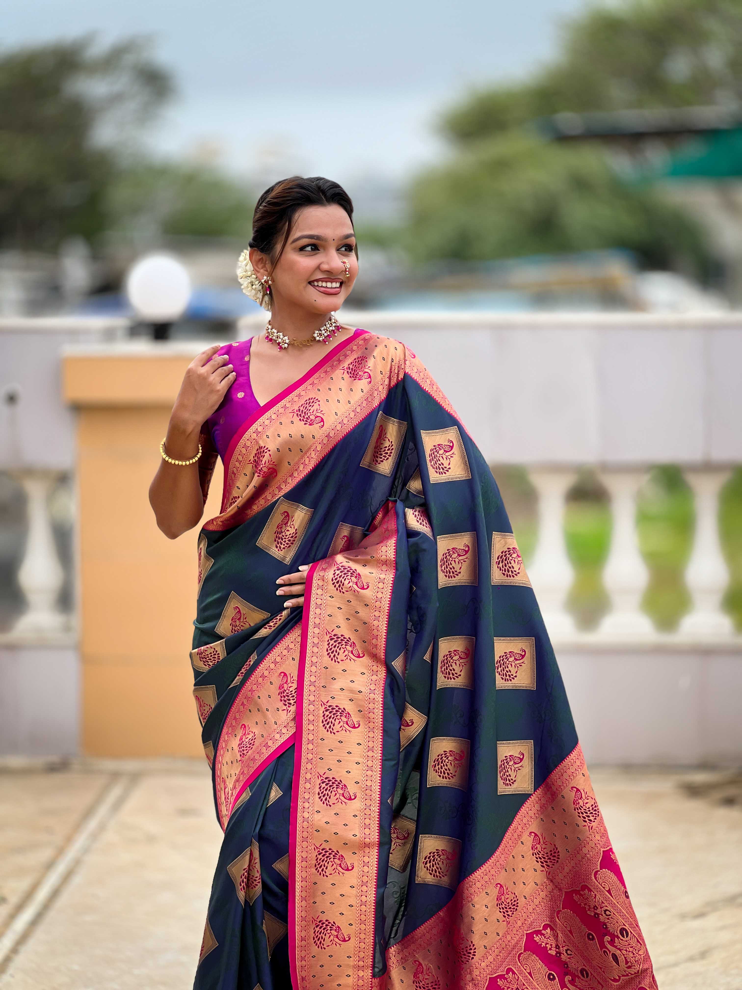 Morpeach Soft Banarasi silk saree with zari weaving Meenakari design all over the saree & contrast weawing Rich pallu with contrast weawing border & tessels attached at Pallu End. Blouse :- Soft silk weawing blouse piece