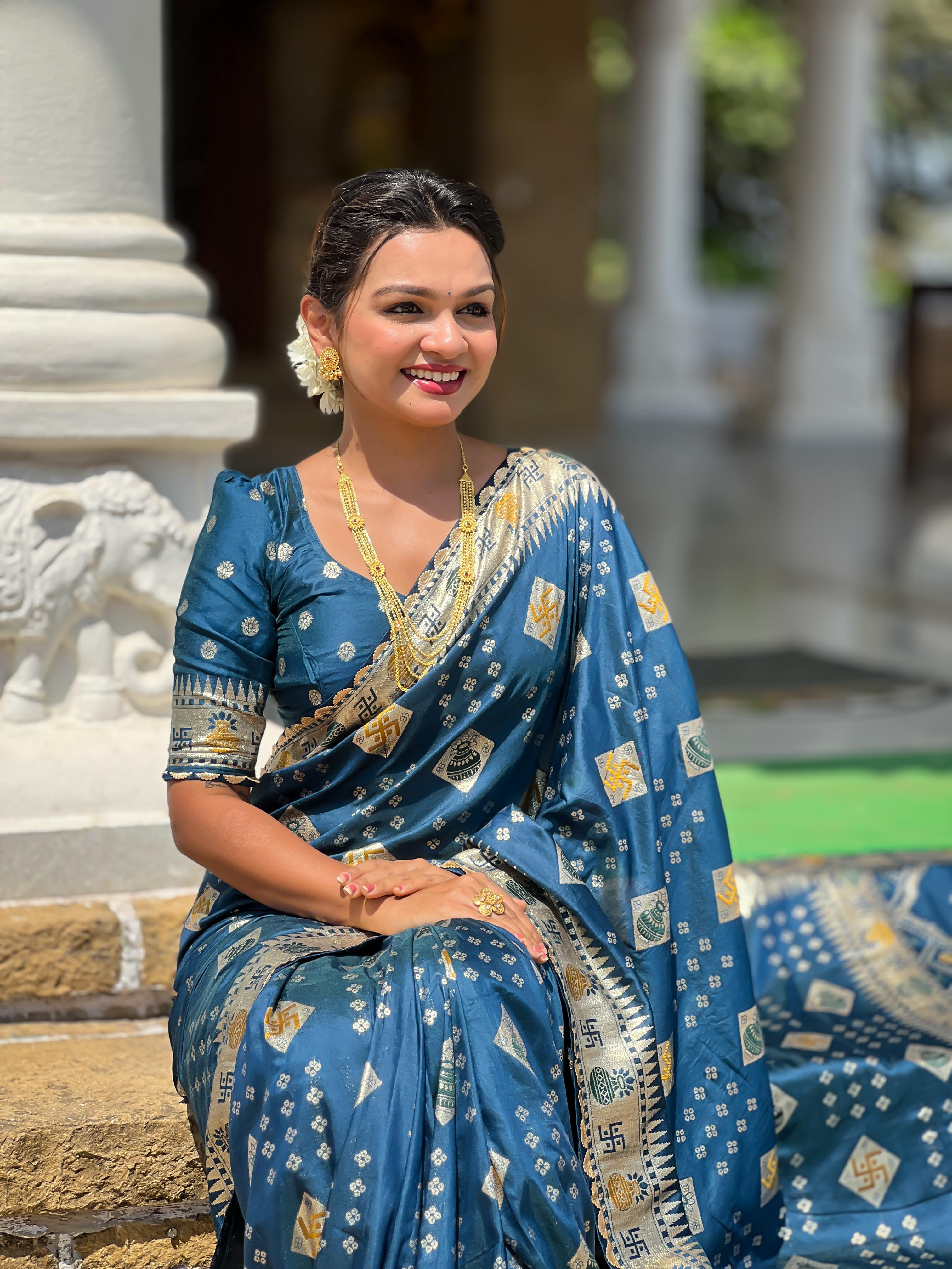 Morpeach Varni Fabrics Women Floral Dolla Silk Tassels and Latkans Saree comes With Matching Blouse