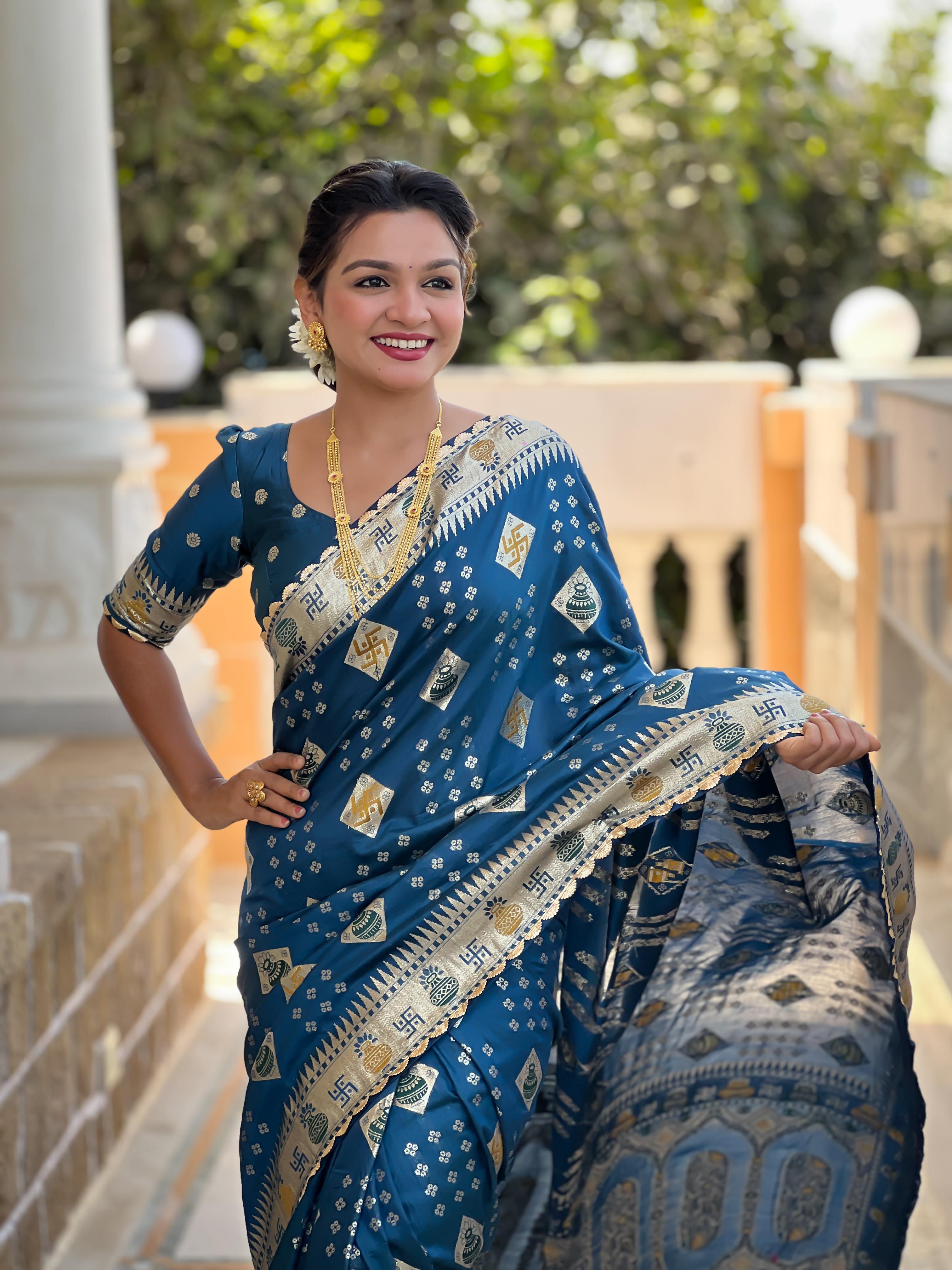 Morpeach Varni Fabrics Women Floral Dolla Silk Tassels and Latkans Saree comes With Matching Blouse