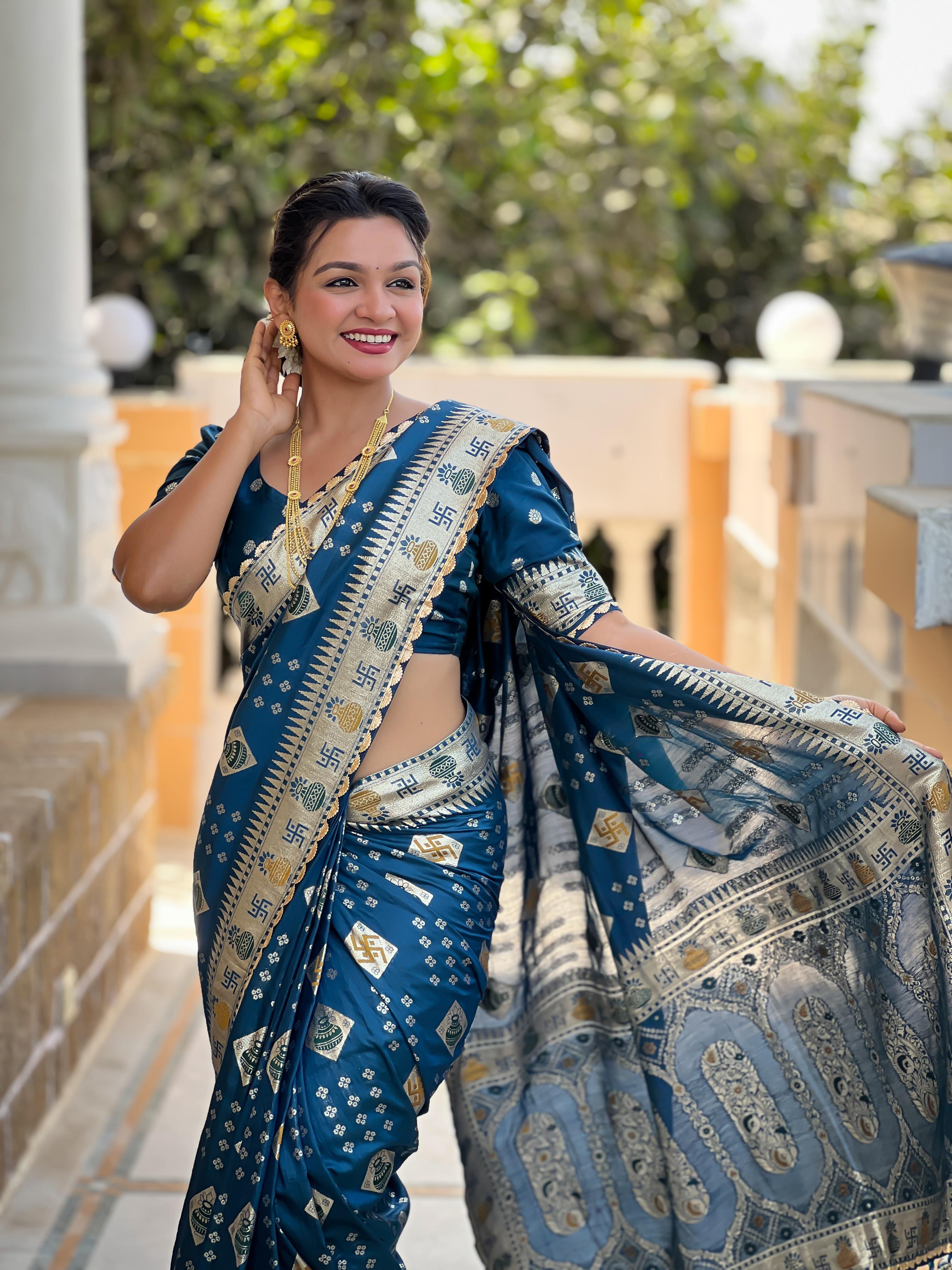 Morpeach Varni Fabrics Women Floral Dolla Silk Tassels and Latkans Saree comes With Matching Blouse