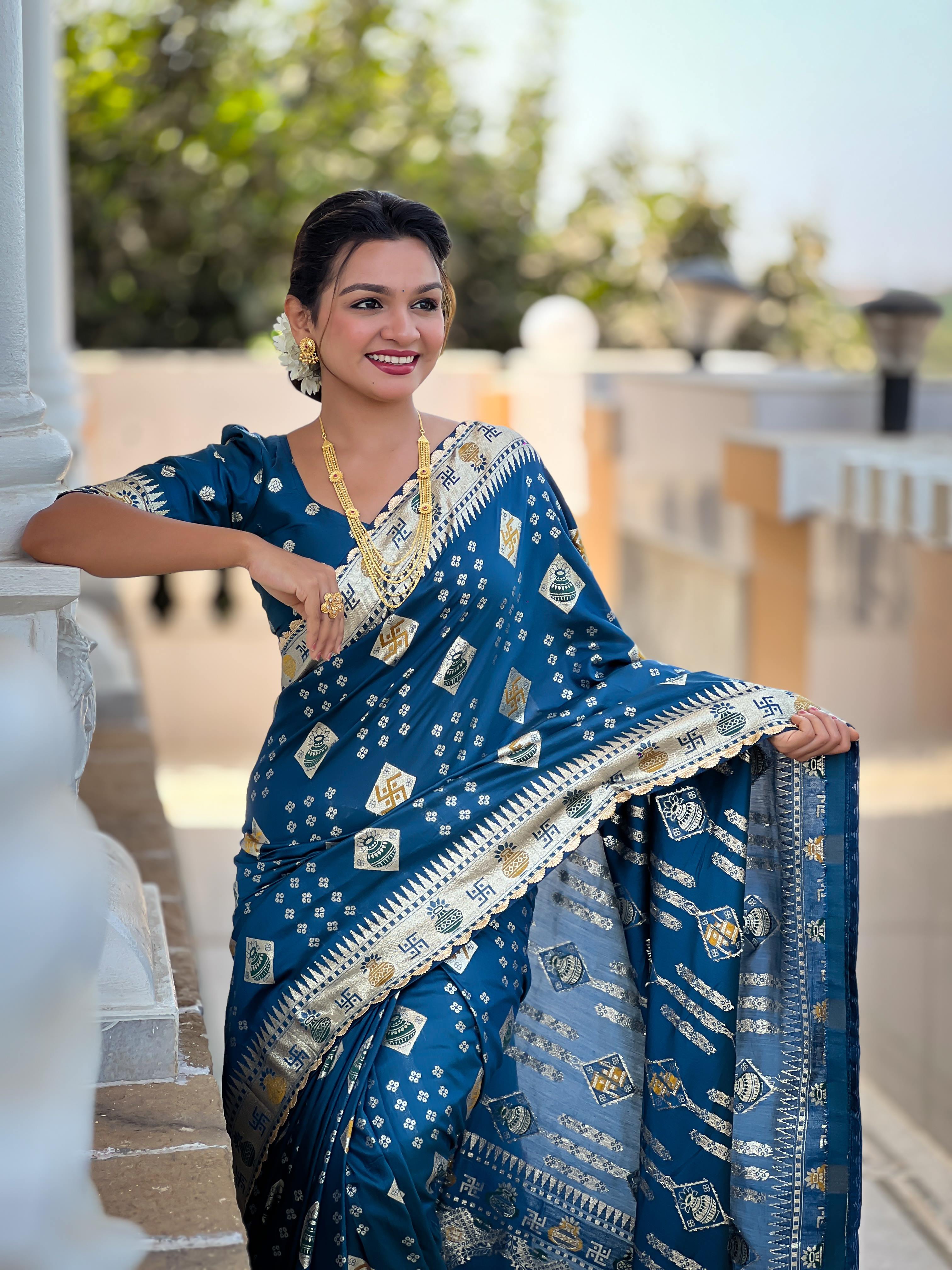 Morpeach Varni Fabrics Women Floral Dolla Silk Tassels and Latkans Saree comes With Matching Blouse