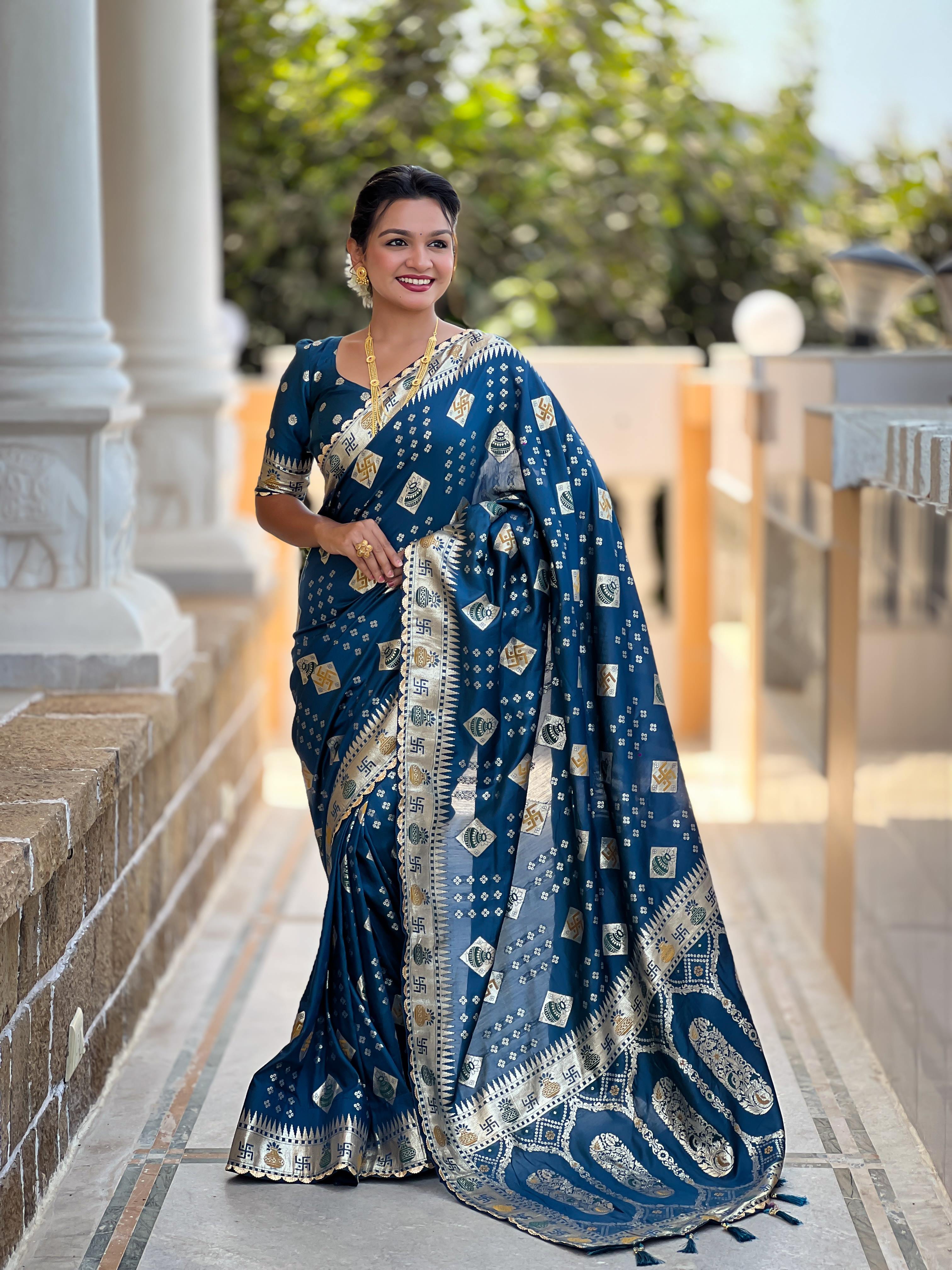 Morpeach Varni Fabrics Women Floral Dolla Silk Tassels and Latkans Saree comes With Matching Blouse