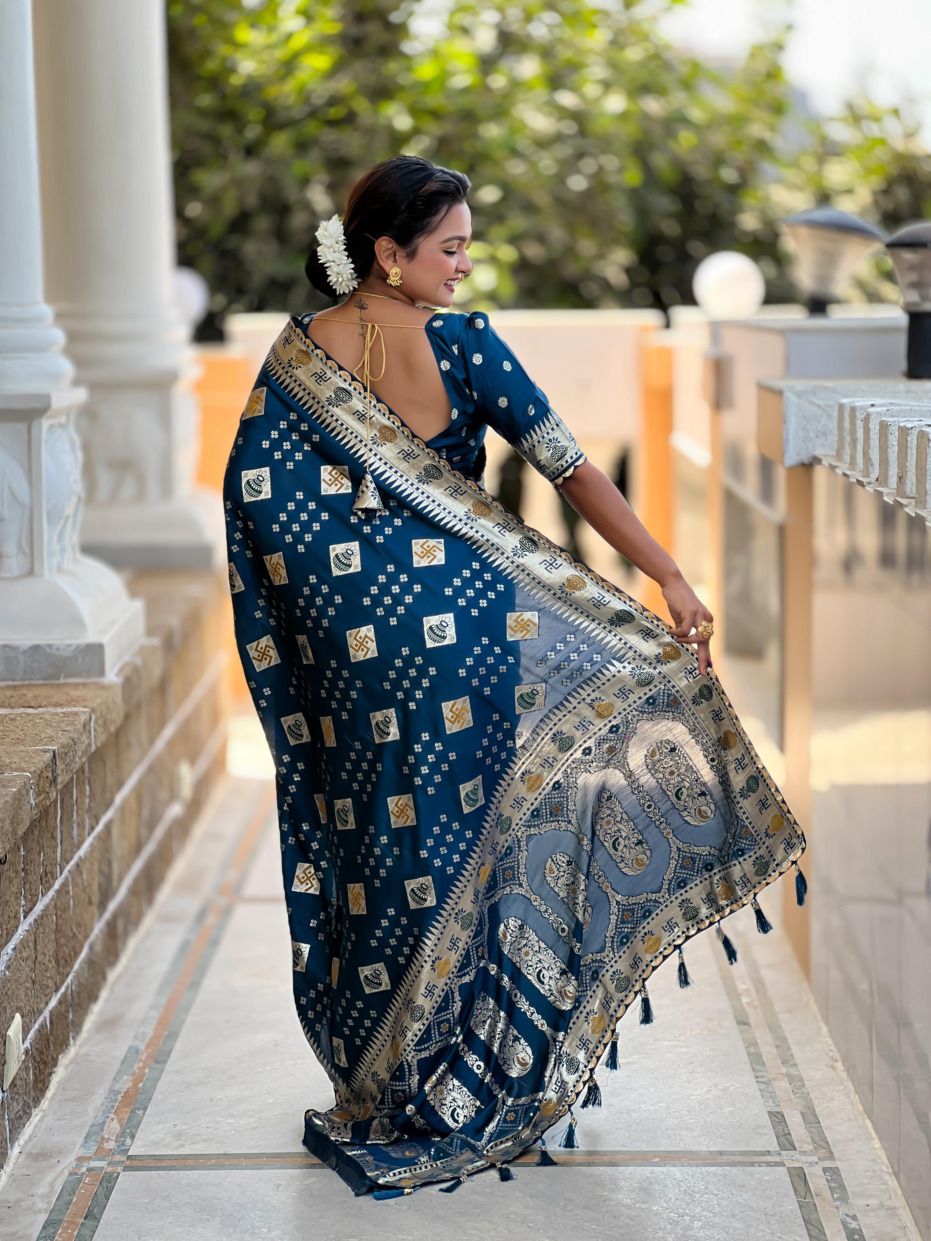 Morpeach Varni Fabrics Women Floral Dolla Silk Tassels and Latkans Saree comes With Matching Blouse