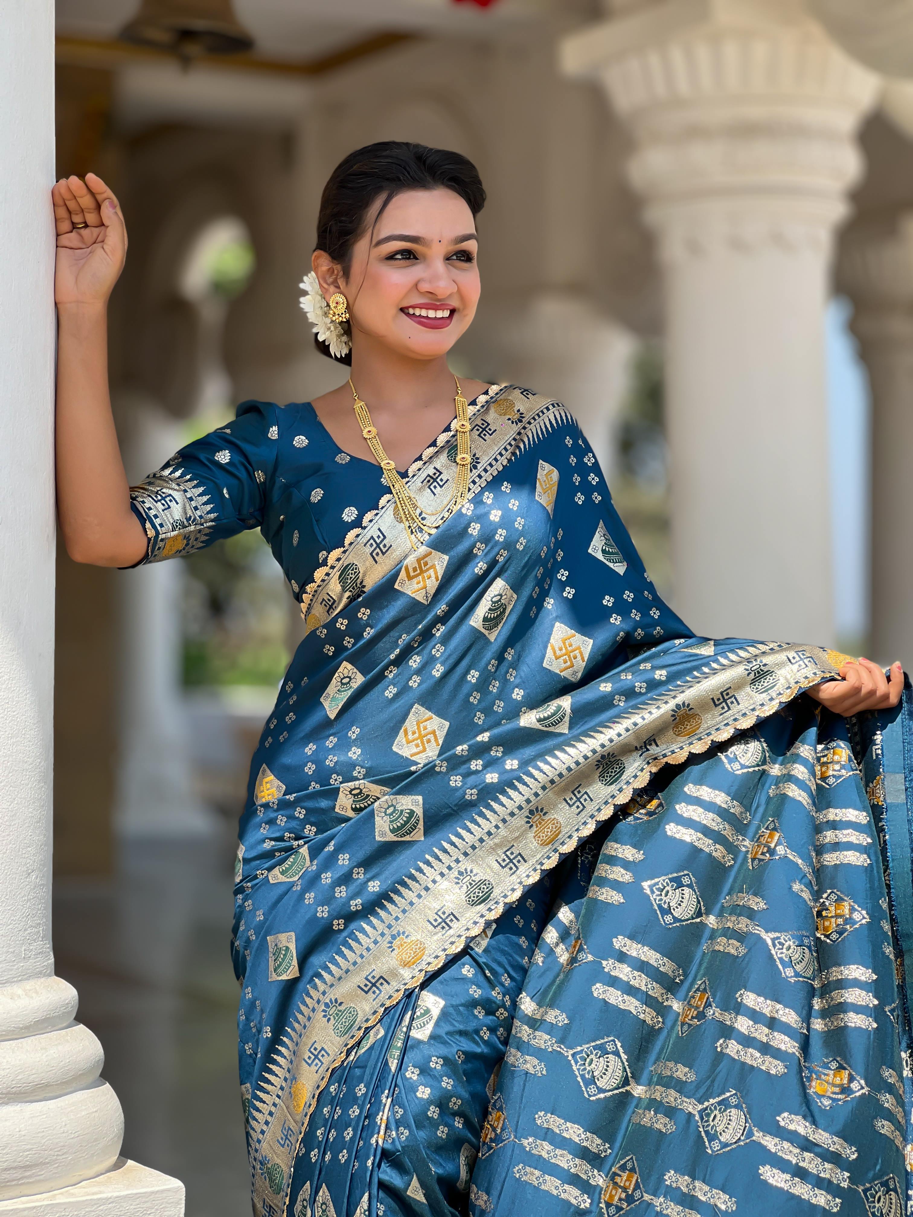 Morpeach Varni Fabrics Women Floral Dolla Silk Tassels and Latkans Saree comes With Matching Blouse