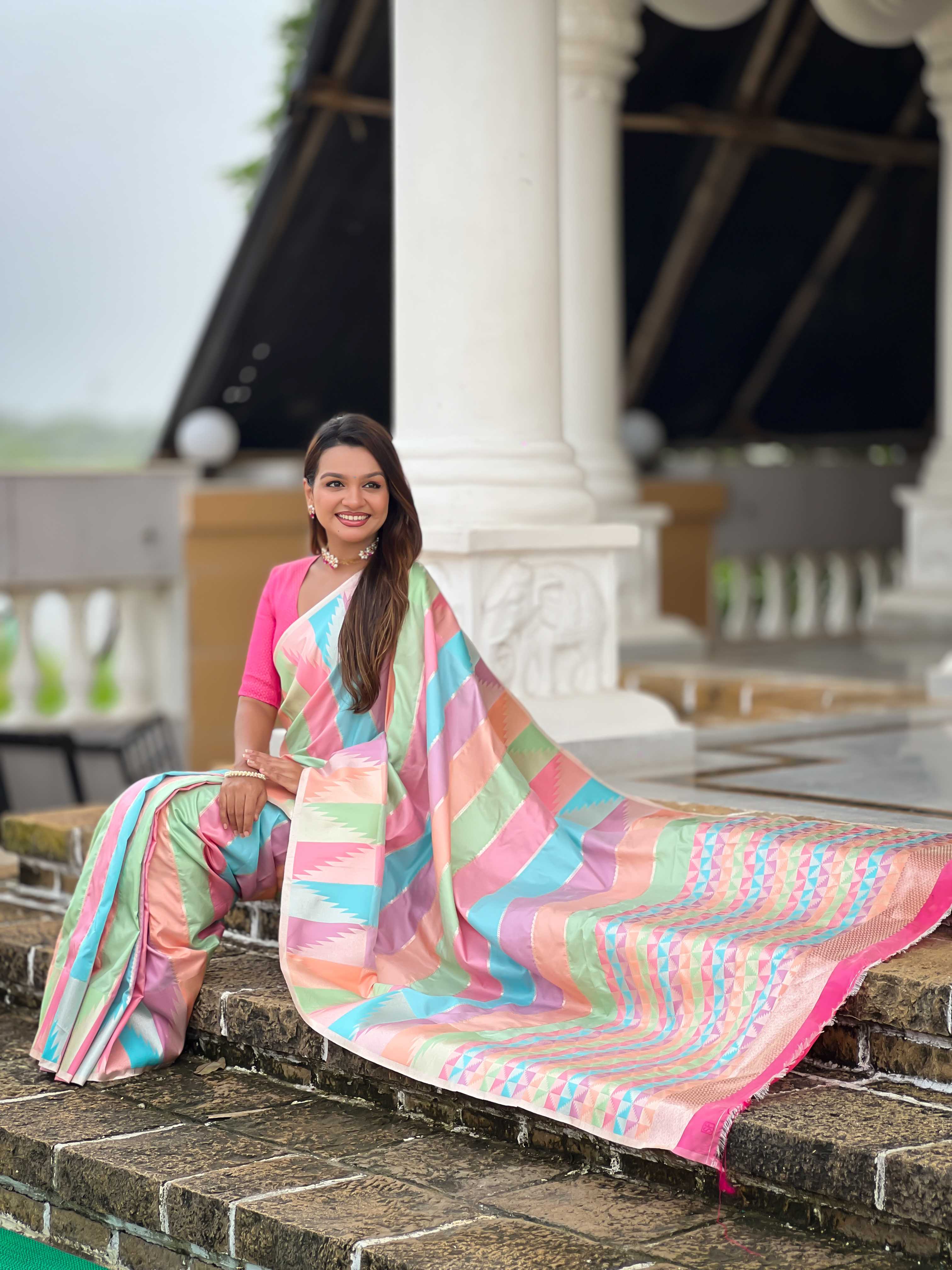 Multi Soft kanjivaram paithani silk saree with zari weaving Meenakari design all over the saree & Meenakari weawing Rich pallu with Meenakari weawing swan border & tessels attached at Pallu End. Blouse :- Soft silk weawing blouse piece