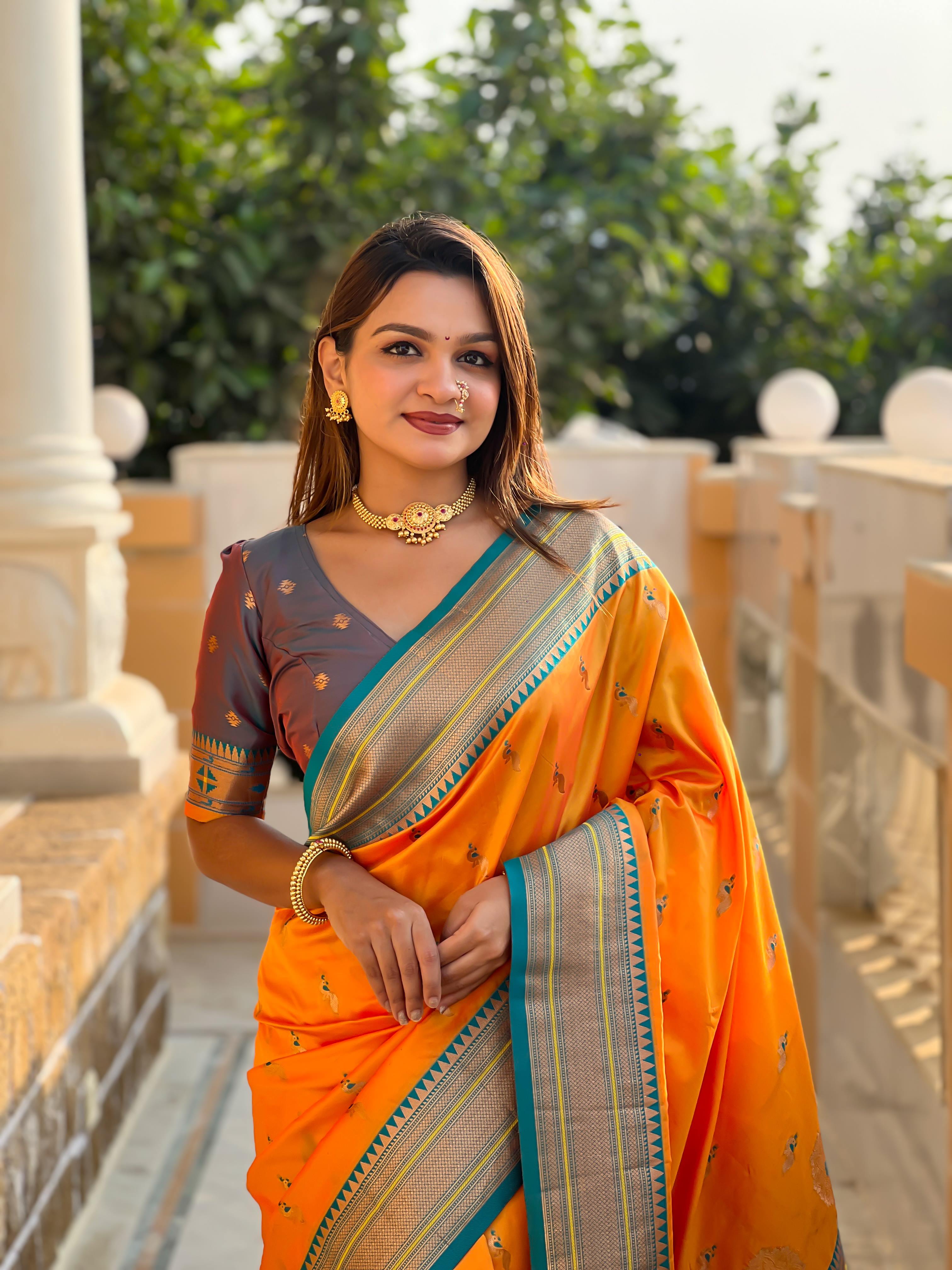 Mustard Traditional Paithani Silk Saree with Tassels & Latkans – Includes Matching Blouse