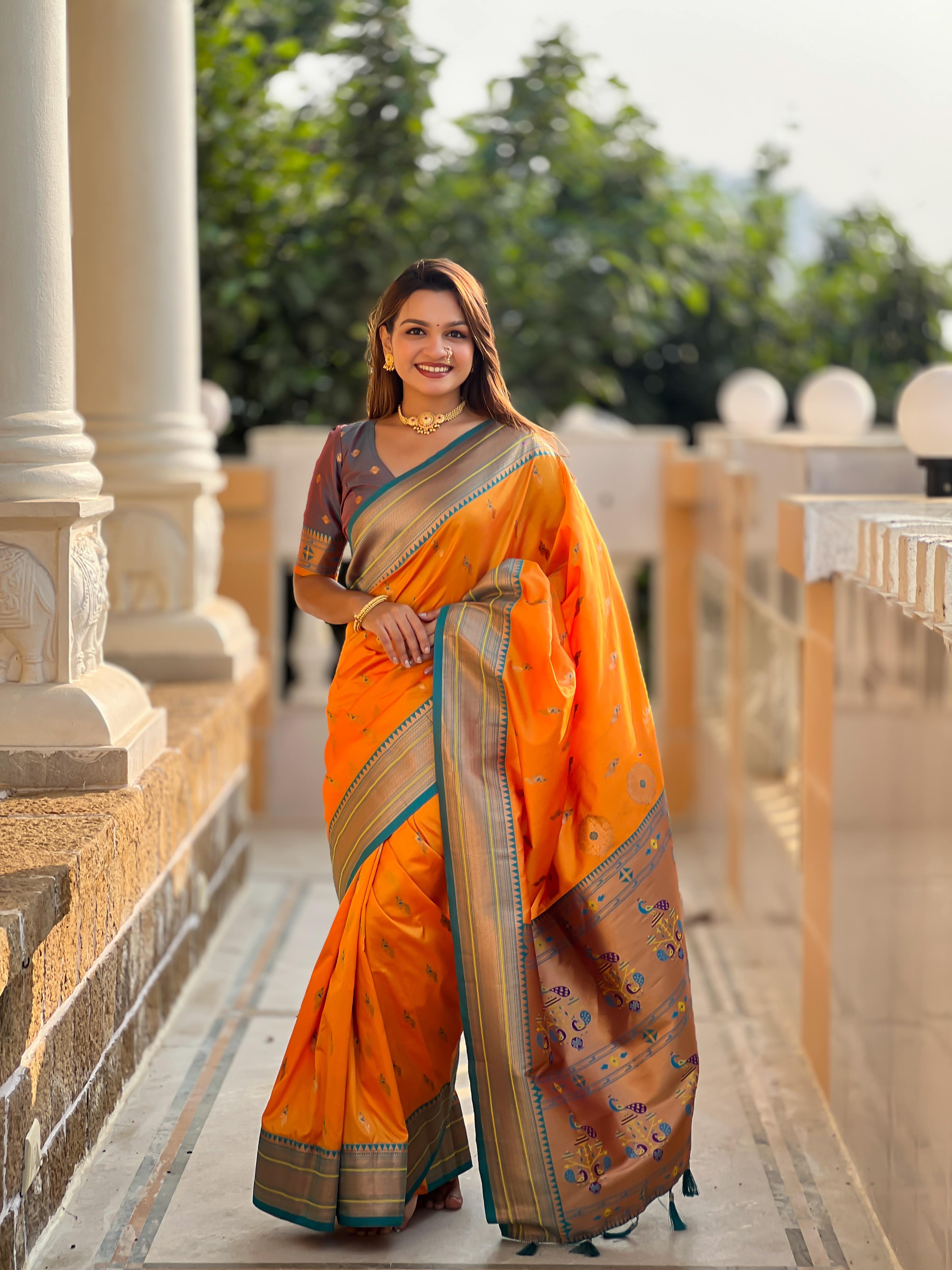 Mustard Traditional Paithani Silk Saree with Tassels & Latkans – Includes Matching Blouse