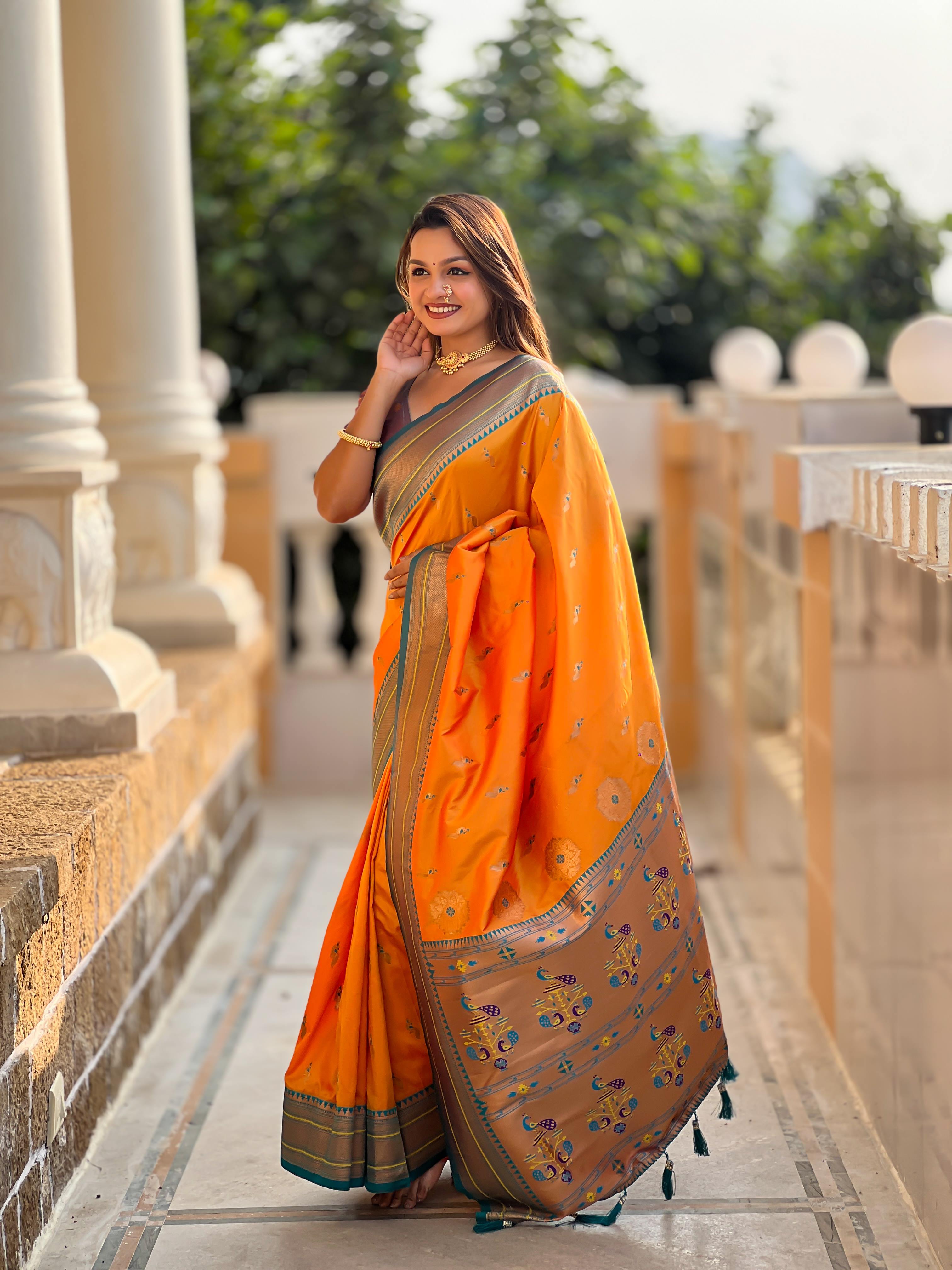 Mustard Traditional Paithani Silk Saree with Tassels & Latkans – Includes Matching Blouse