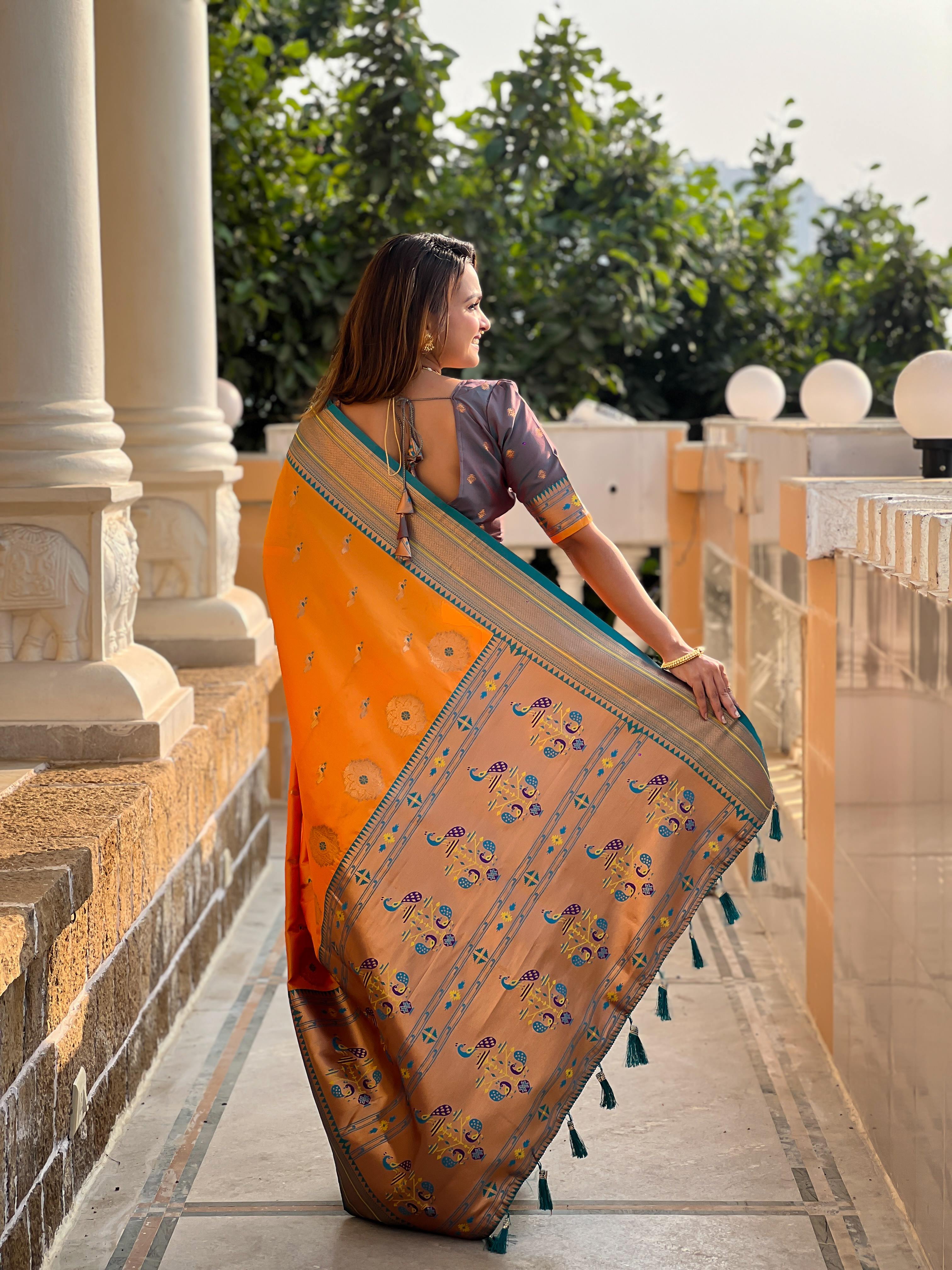 Mustard Traditional Paithani Silk Saree with Tassels & Latkans – Includes Matching Blouse