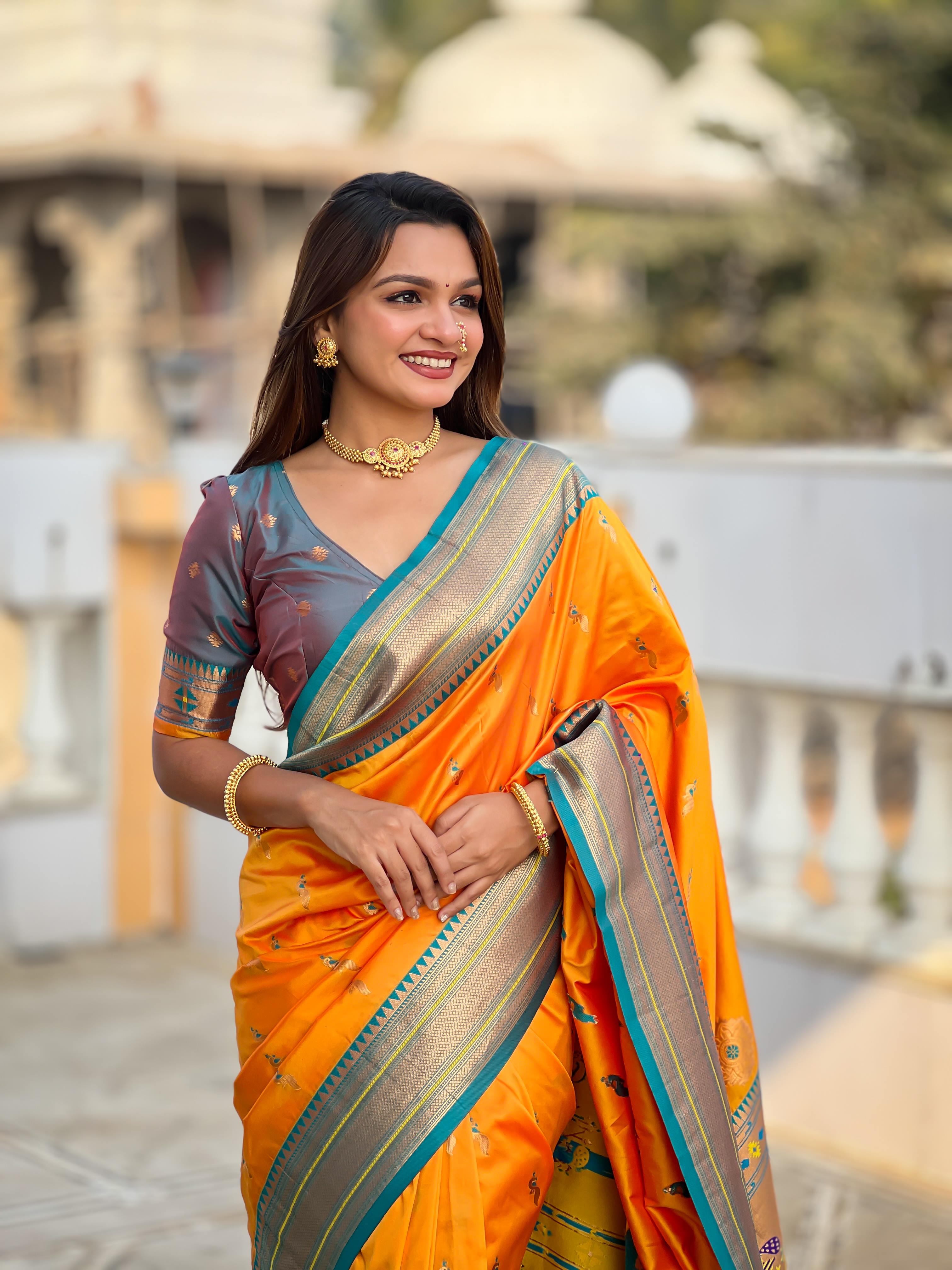 Mustard Traditional Paithani Silk Saree with Tassels & Latkans – Includes Matching Blouse