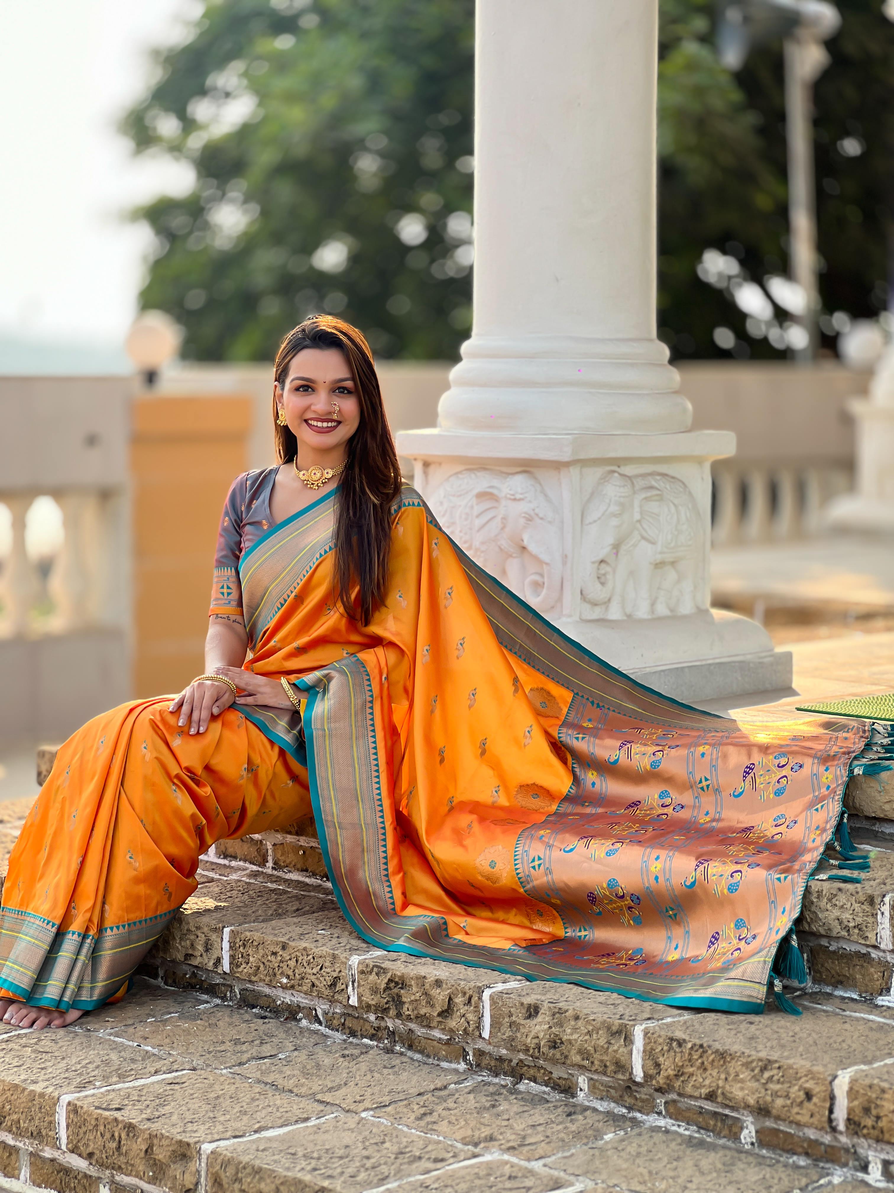Mustard Traditional Paithani Silk Saree with Tassels & Latkans – Includes Matching Blouse