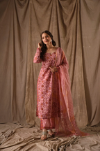 Women’s Peach Ethnic Roman Linen Slub Suit Set with Embroidery