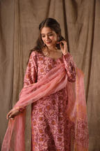 Women’s Peach Ethnic Roman Linen Slub Suit Set with Embroidery
