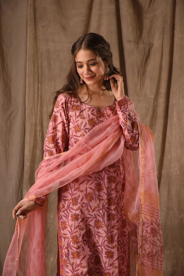 Women’s Peach Ethnic Roman Linen Slub Suit Set with Embroidery